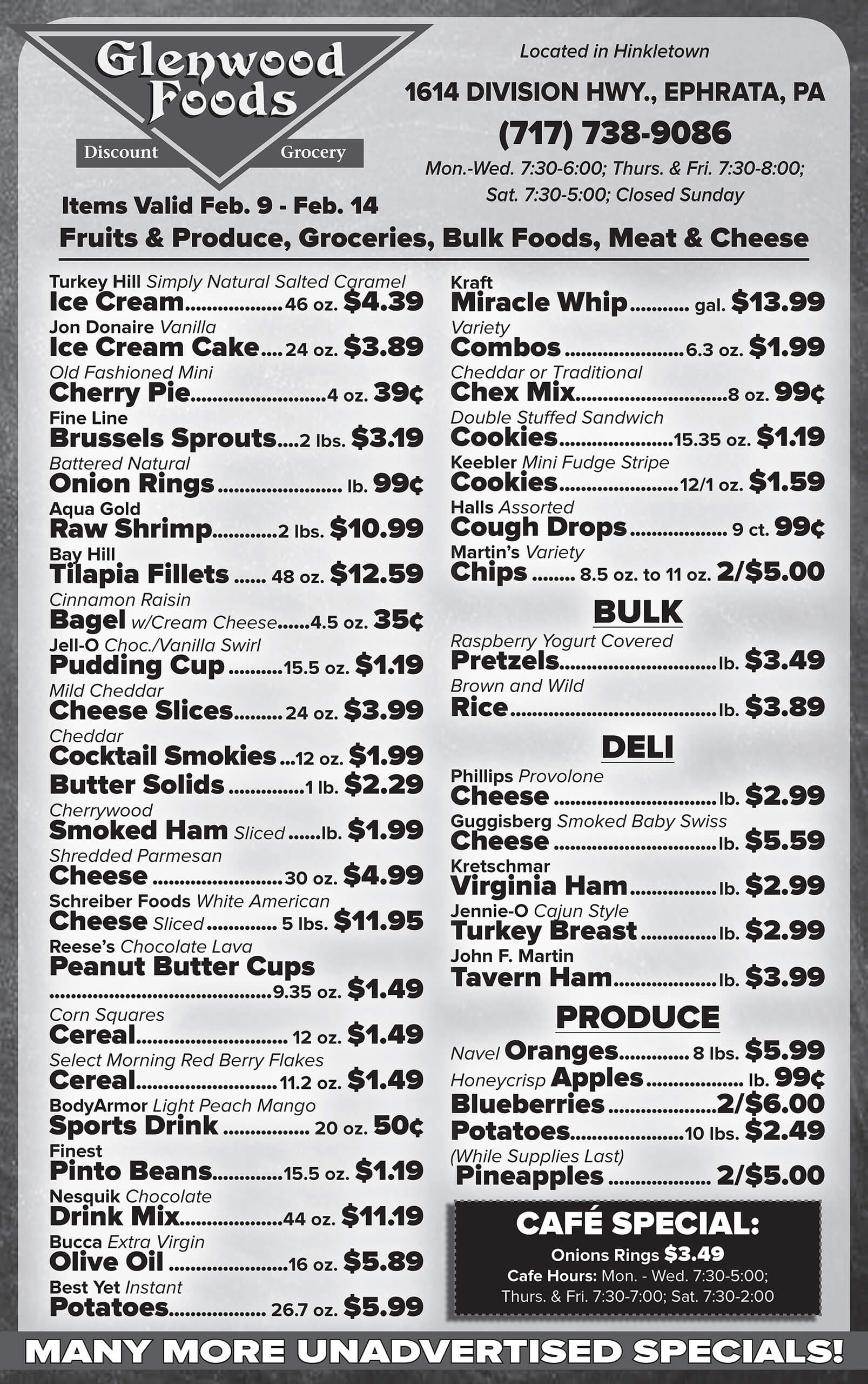 Black-and-white grocery store flyer listing weekly specials on ice cream, shrimp, meats, deli, cheese, produce, and bulk food items with prices and store location details.