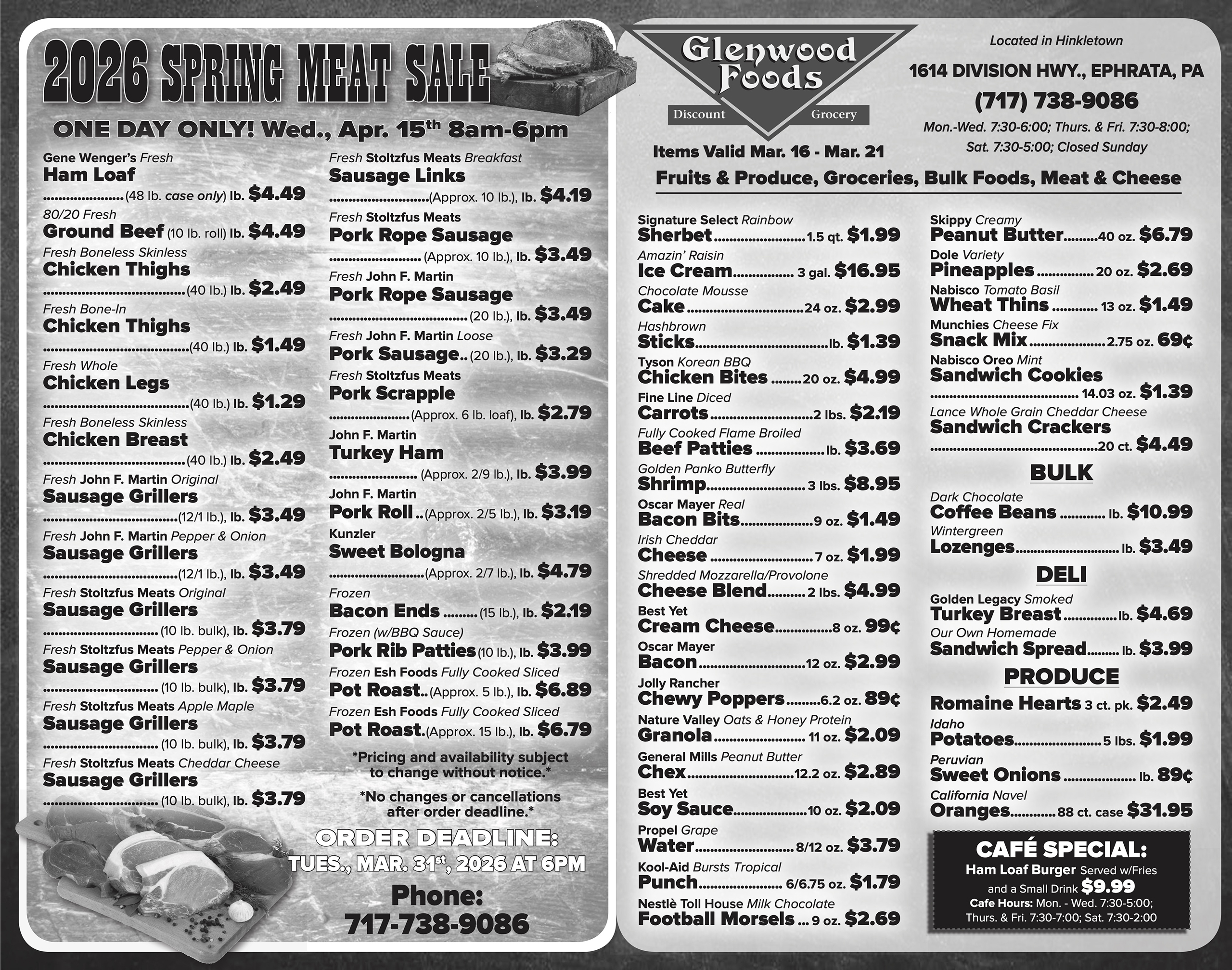 Black-and-white flyer for Glenwood Foods’ 2026 Spring Meat Sale, listing various meat, cheese, produce, and deli items with prices, order deadline, and store contact information.