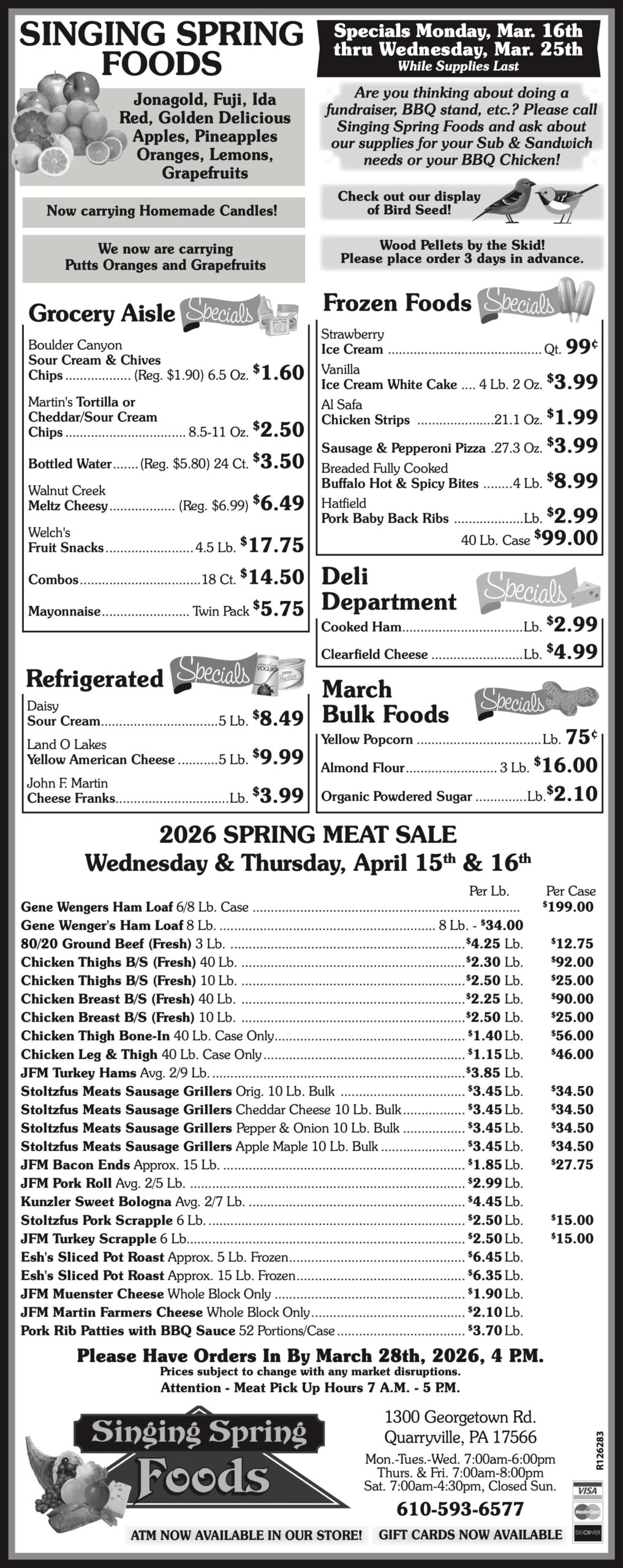 Black and white grocery store ad lists products, prices, and a spring meat sale, with sections for grocery, dairy, frozen foods, and contact/order information at the bottom.