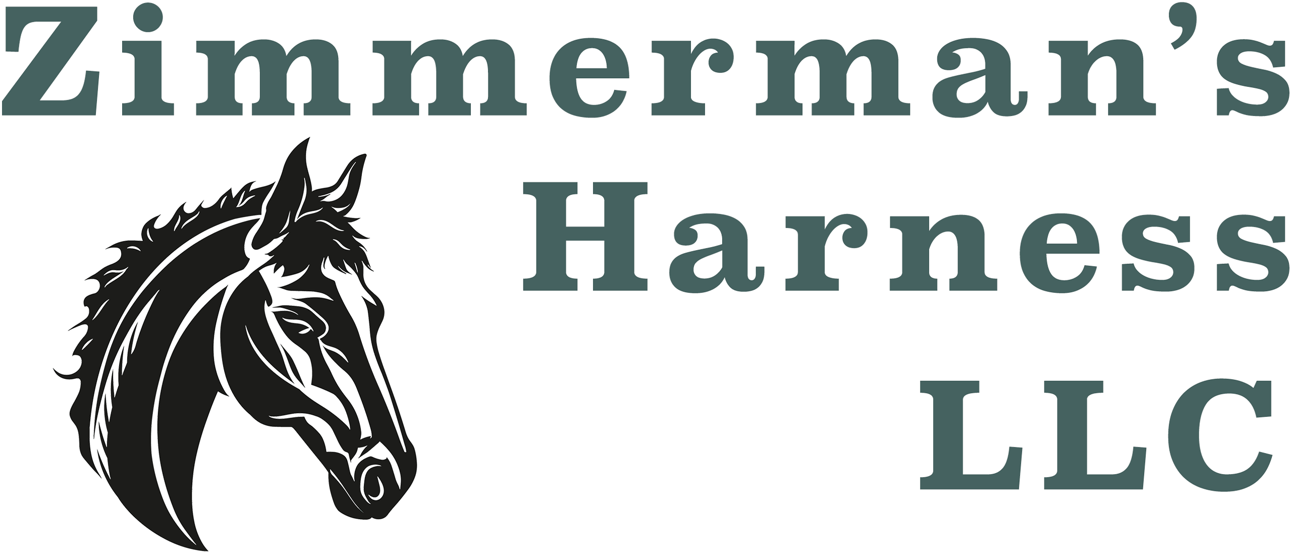 Logo with the text “Zimmerman’s Harness LLC” and a stylized black and white drawing of a horse’s head.