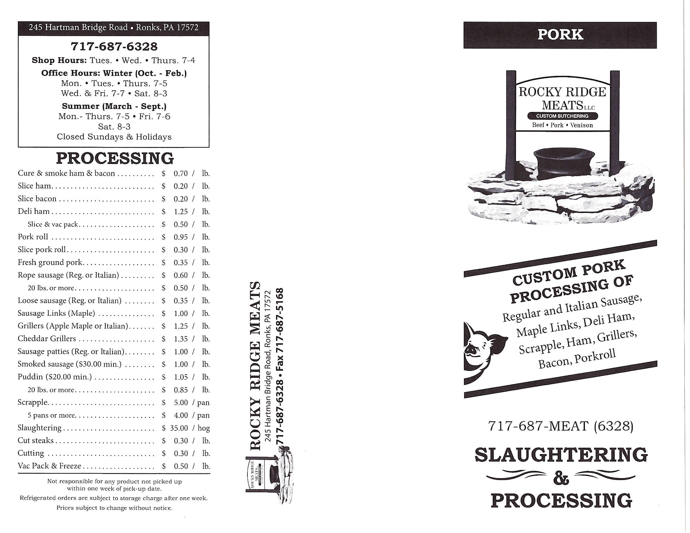 A black-and-white flyer for Rocky Ridge Meats advertising pork products and custom pork processing services, including shop hours, contact info, and a price list for various meats.
