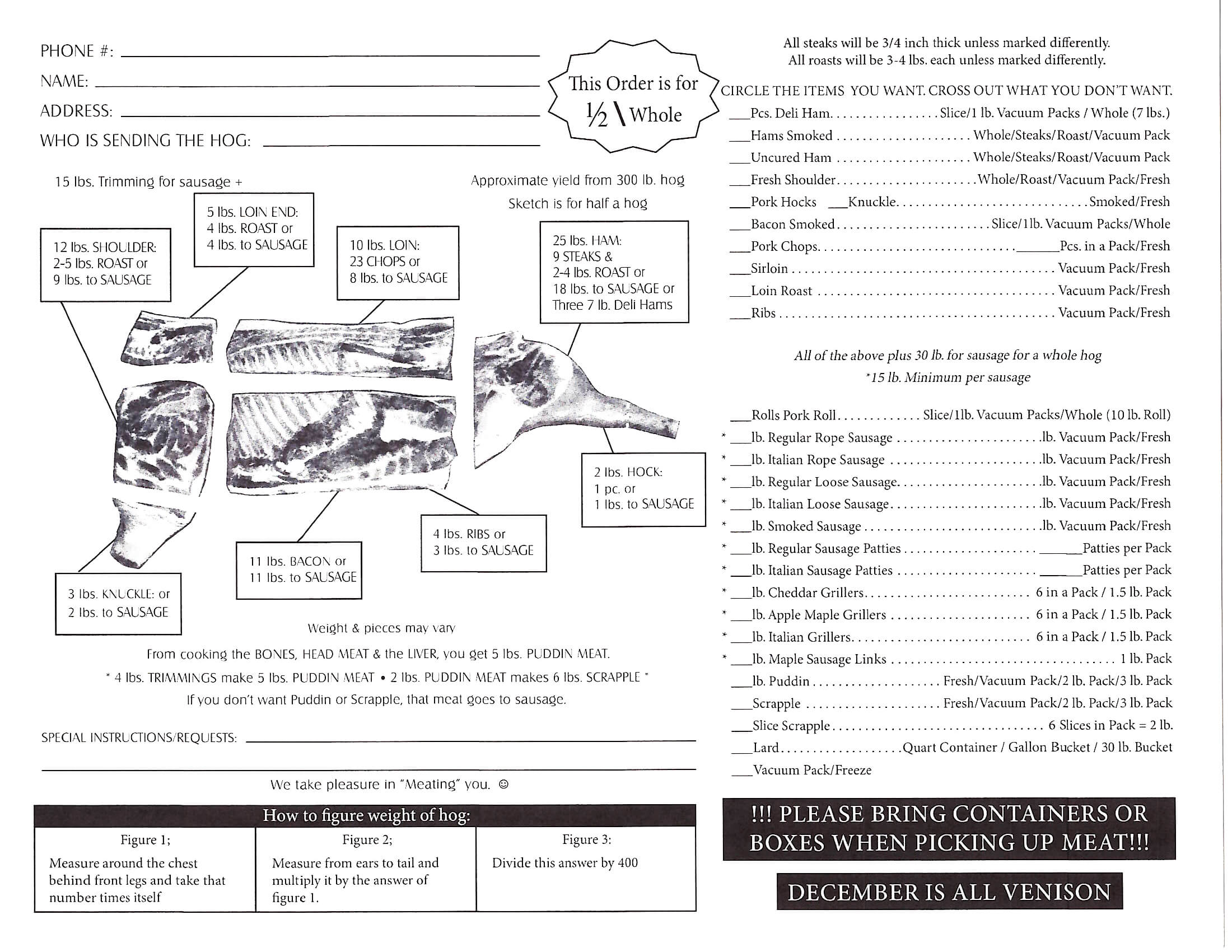 Order form for a half hog, showing cut options, meat weights, sausage choices, and space for customer notes, with instructions for filling out and pickup details at the bottom.