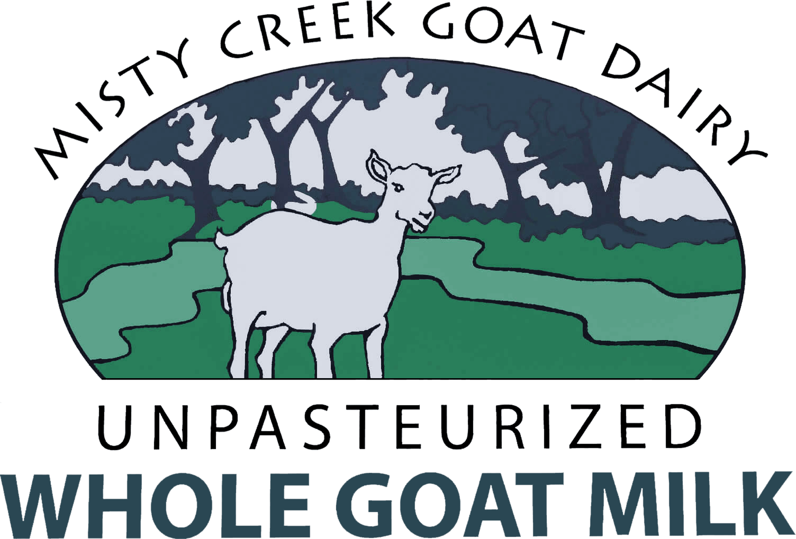 Logo for Misty Creek Goat Dairy featuring a goat in a field with trees, labeled "Unpasteurized Whole Goat Milk.