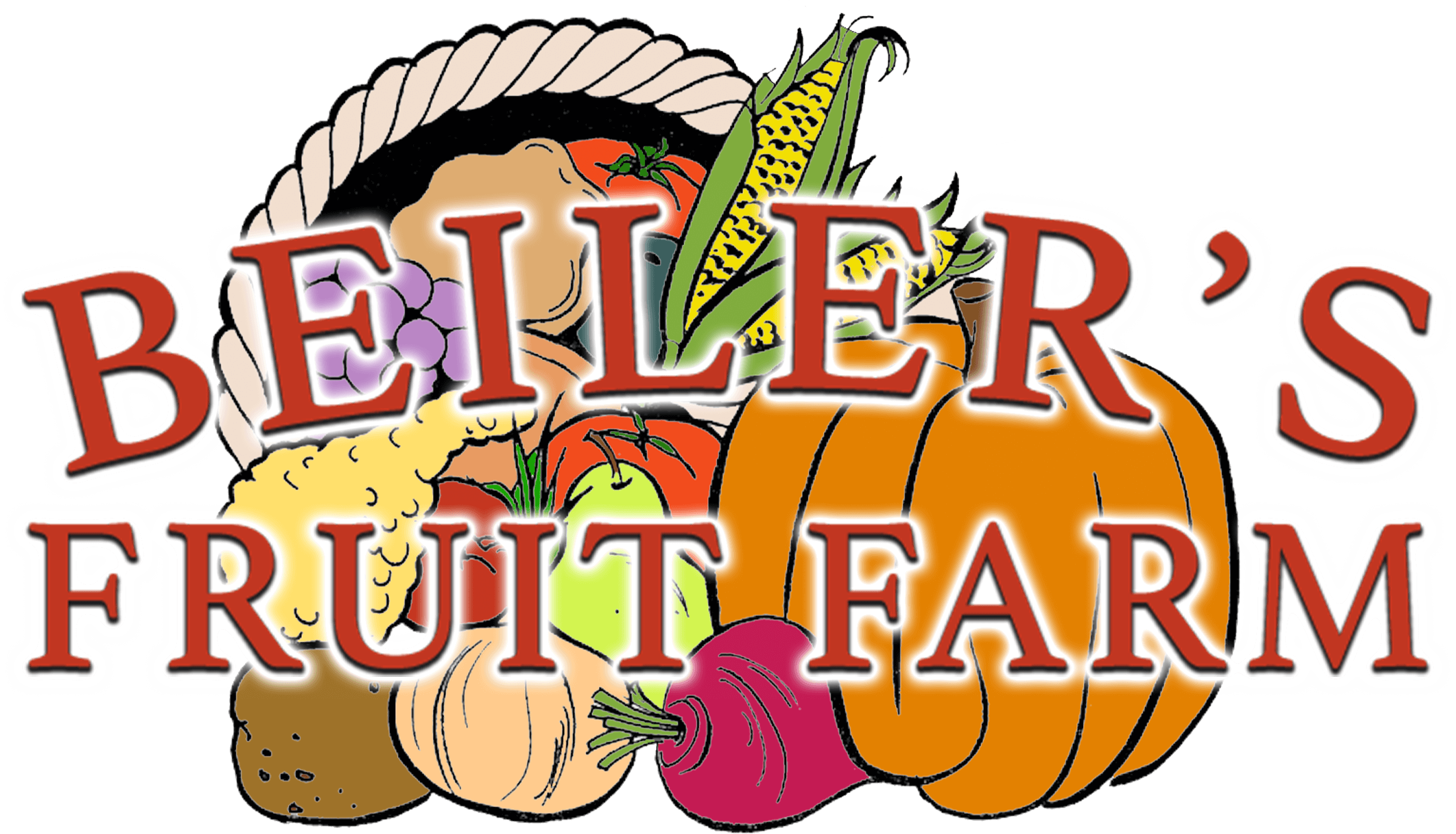 Logo for Beiler's Fruit Farm with assorted produce including a pumpkin, apple, grapes, corn, tomato, and other vegetables in the background.