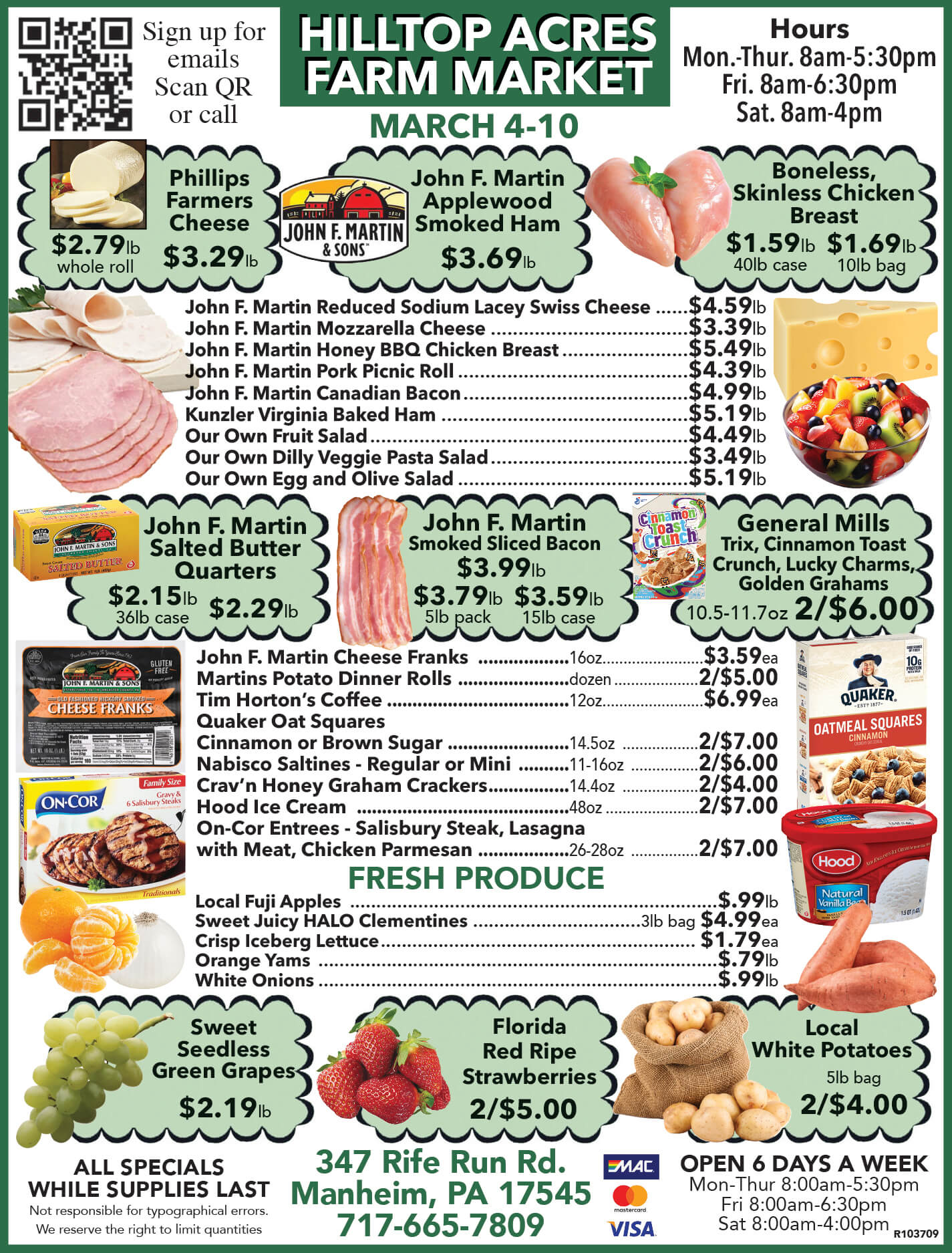 Hilltop Acres Farm Market weekly ad listing specials on meats, cheeses, produce, and groceries with prices, hours, contact info, and payment options, valid March 4-10.