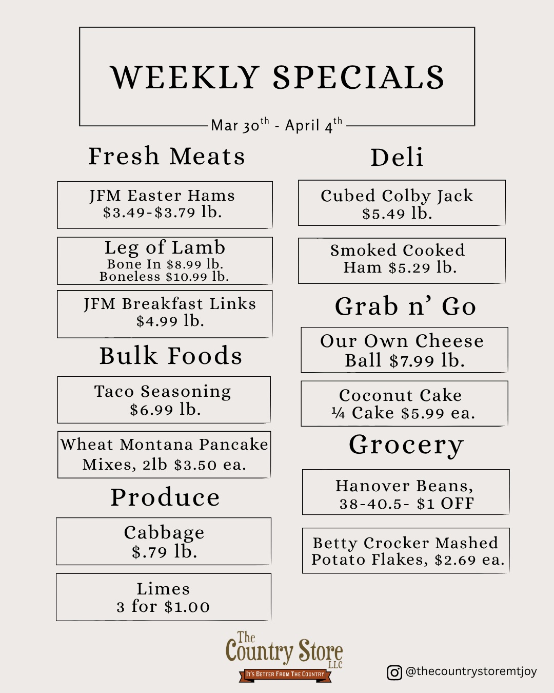 Weekly specials menu featuring fresh meats, deli items, bulk foods, produce, grab-and-go meals, and grocery deals at The Country Store, valid March 30 to April 4.
