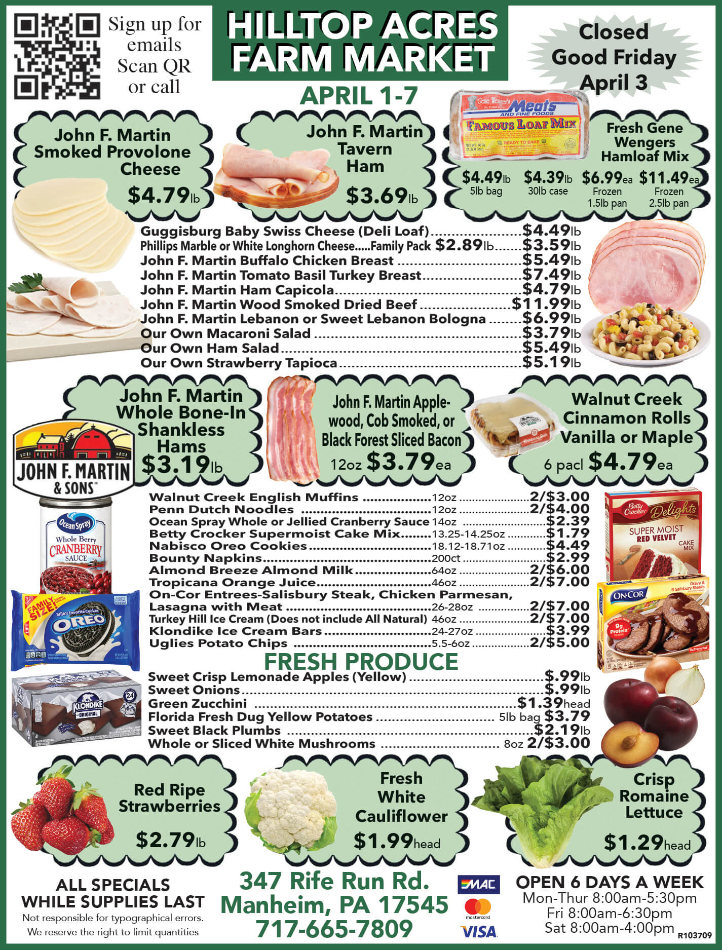 Flyer for Hilltop Acres Farm Market listing weekly specials on cheeses, deli meats, fresh produce, and baked goods, with prices and store information for April 1-7.