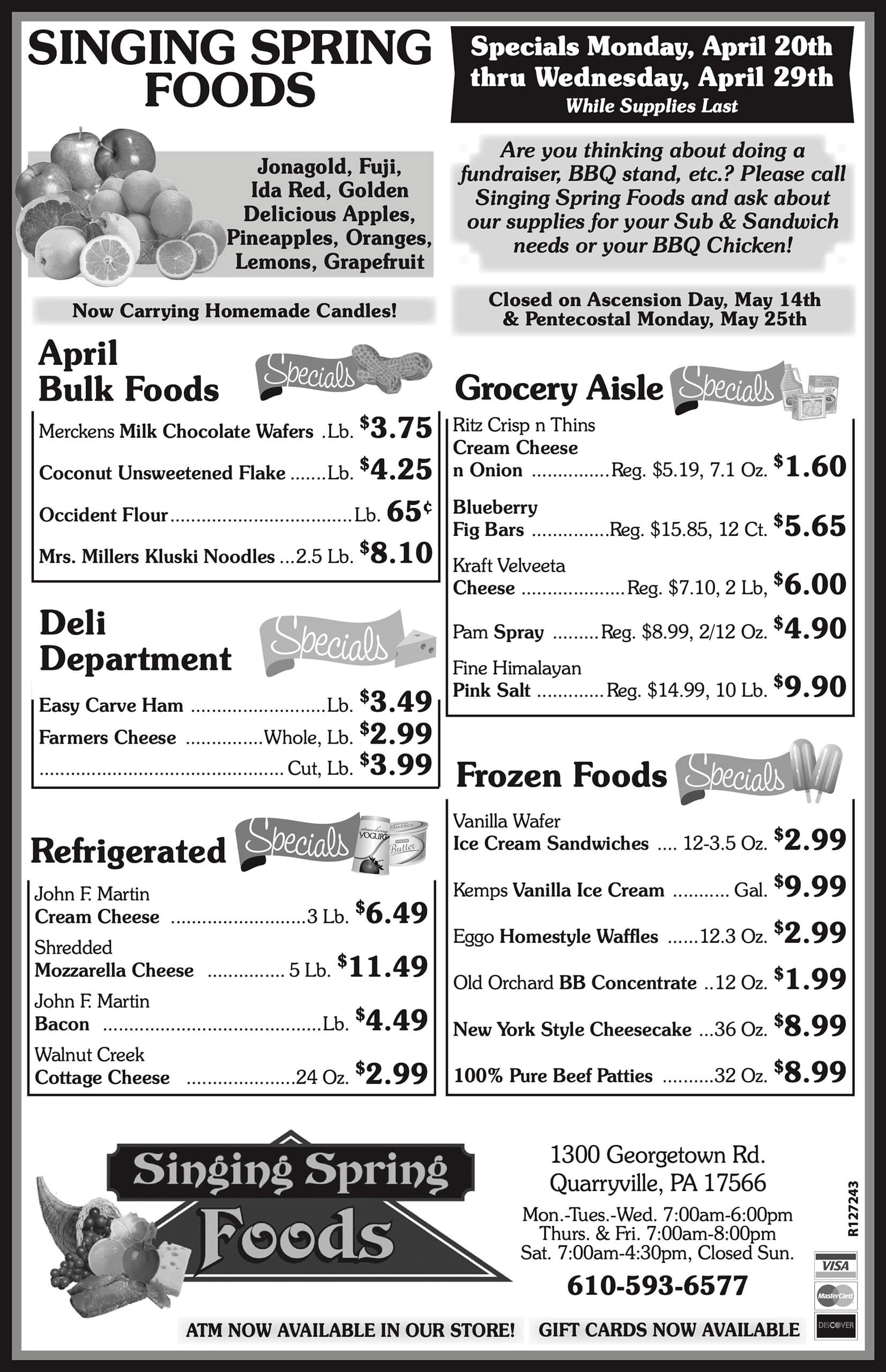 Black and white grocery ad for Singing Spring Foods listing April specials on bulk foods, deli, refrigerated, grocery, freezer, and fresh produce, with store hours and contact information.
