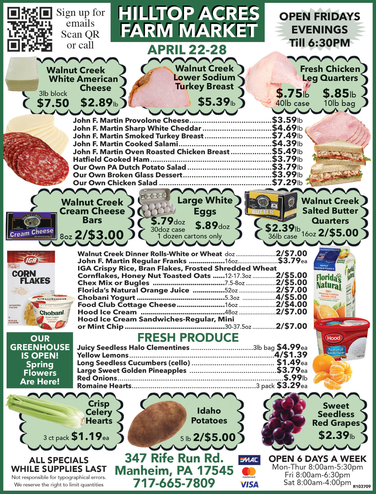 Hilltop Acres Farm Market flyer listing weekly specials on meats, cheeses, eggs, produce, and baked goods, with prices and store hours for April 22-28.