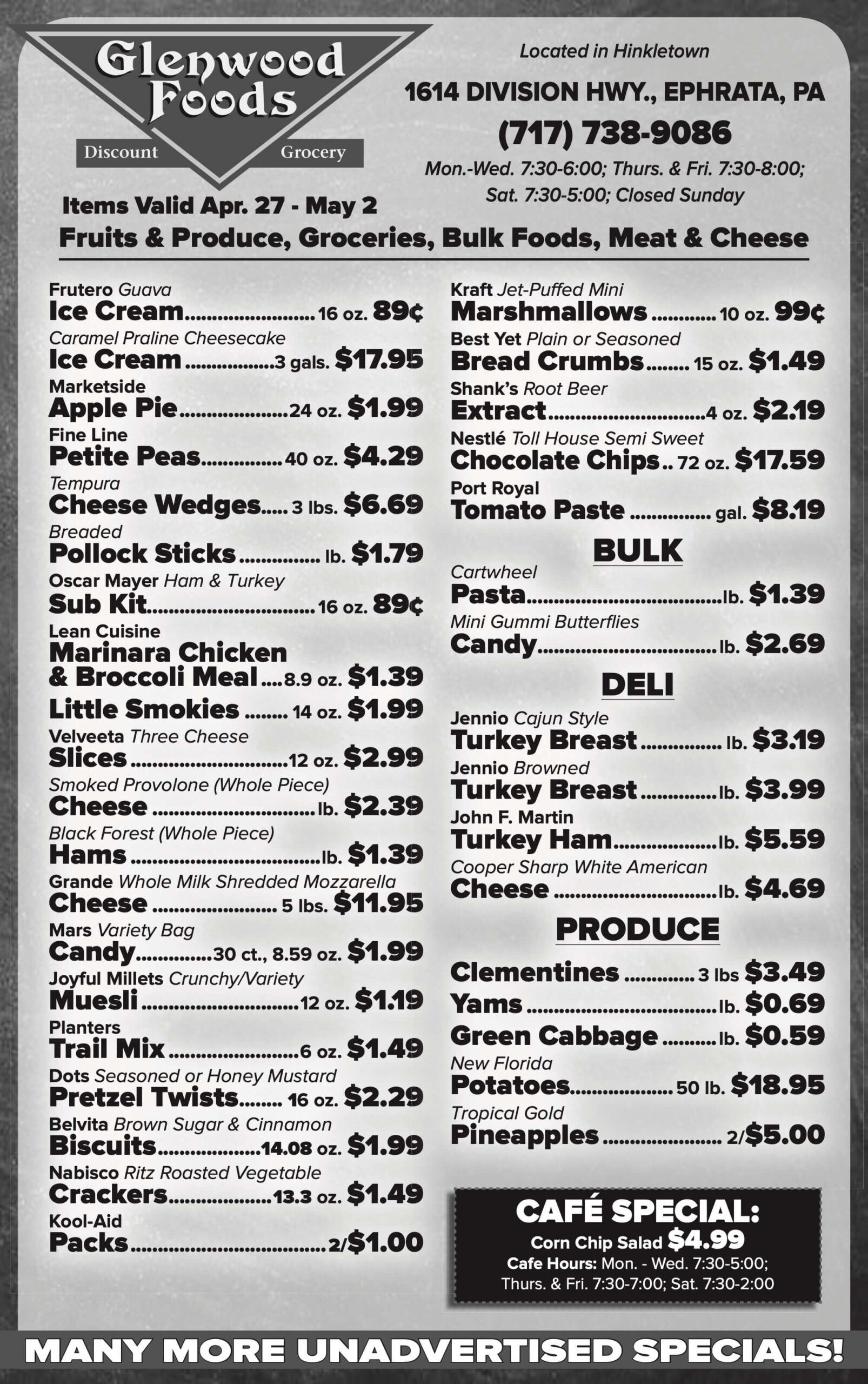 Black and white grocery store flyer listing various food specials, prices, and store information for Glenwood Foods in Ephrata, PA.