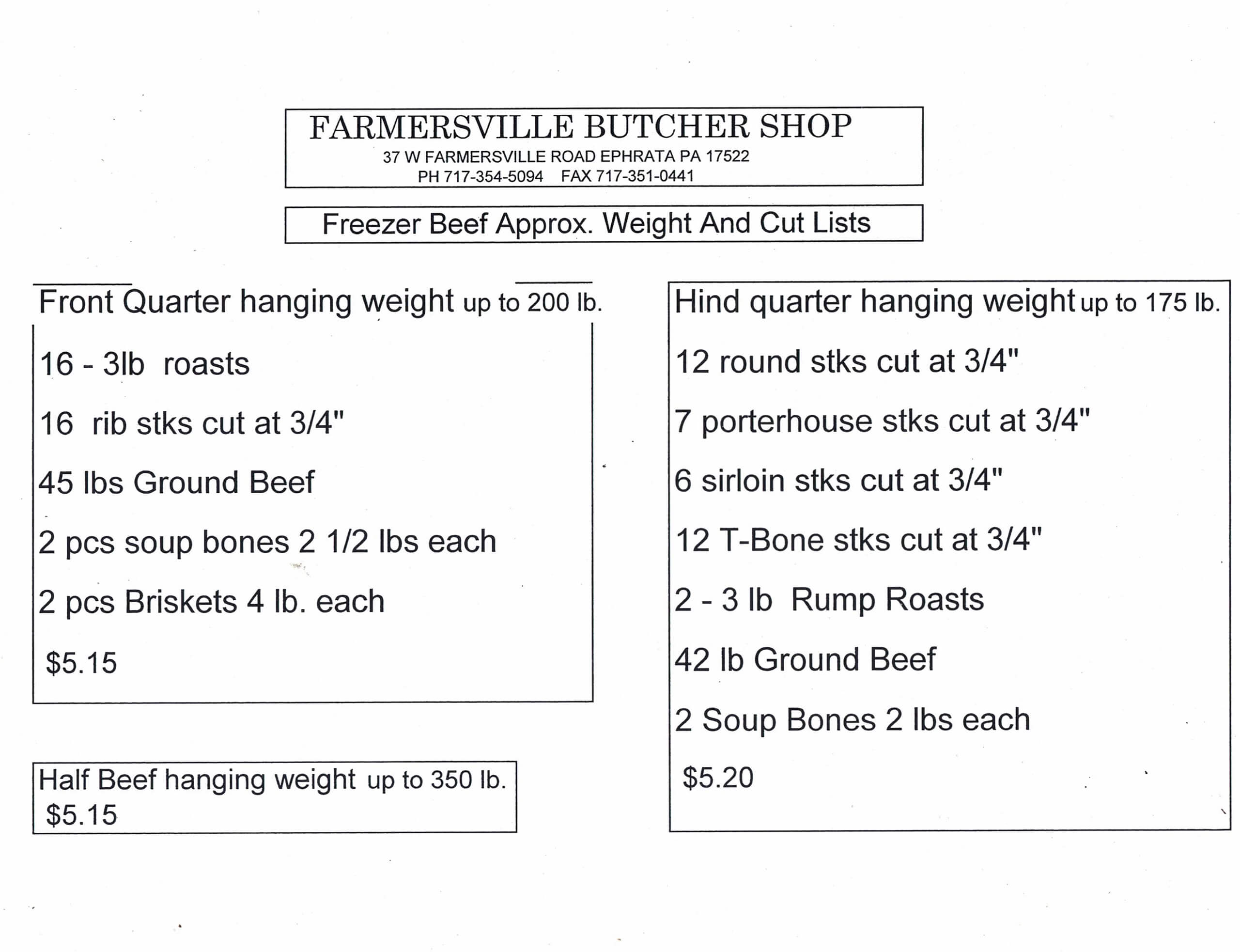 Butcher shop price list showing approximate weights and cuts for front, hind, and half beef quarters, including roasts, steaks, ground beef, brisket, rump roast, and soup bones.