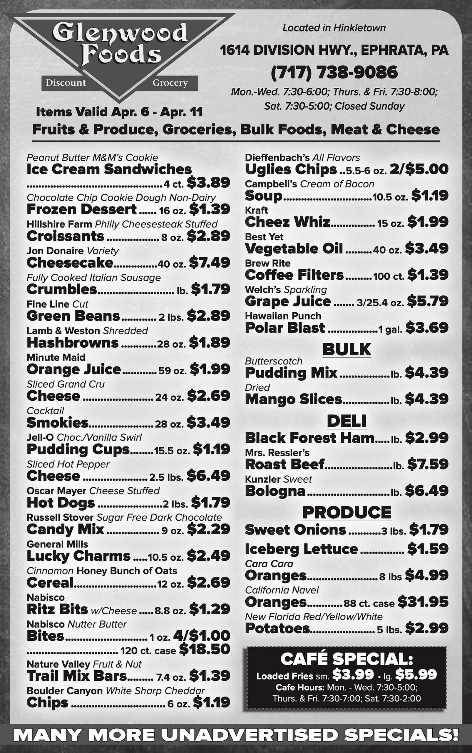 Black-and-white grocery store flyer listing discounted items, prices, and categories such as produce, groceries, bulk foods, meats, and cheese, valid April 6–11 at Glenwood Foods.
