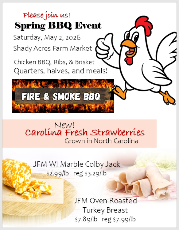 Flyer for a Spring BBQ event on May 2, 2026, at Shady Acres Farm Market, featuring BBQ meals, fresh strawberries, marble Colby Jack cheese, and oven-roasted turkey breast.
