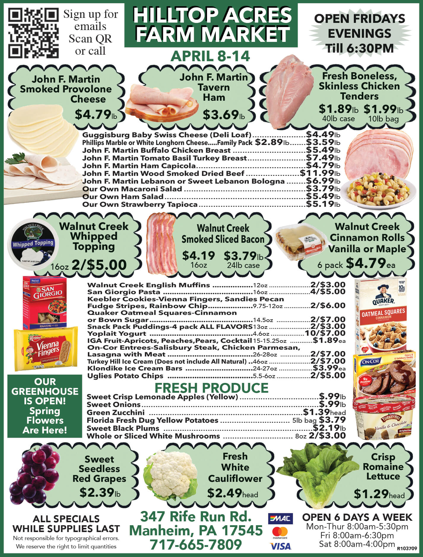 Farm market flyer listing weekly specials on meats, cheeses, deli items, bakery, dairy, and produce, with store hours, contact info, and accepted payment methods at the bottom.