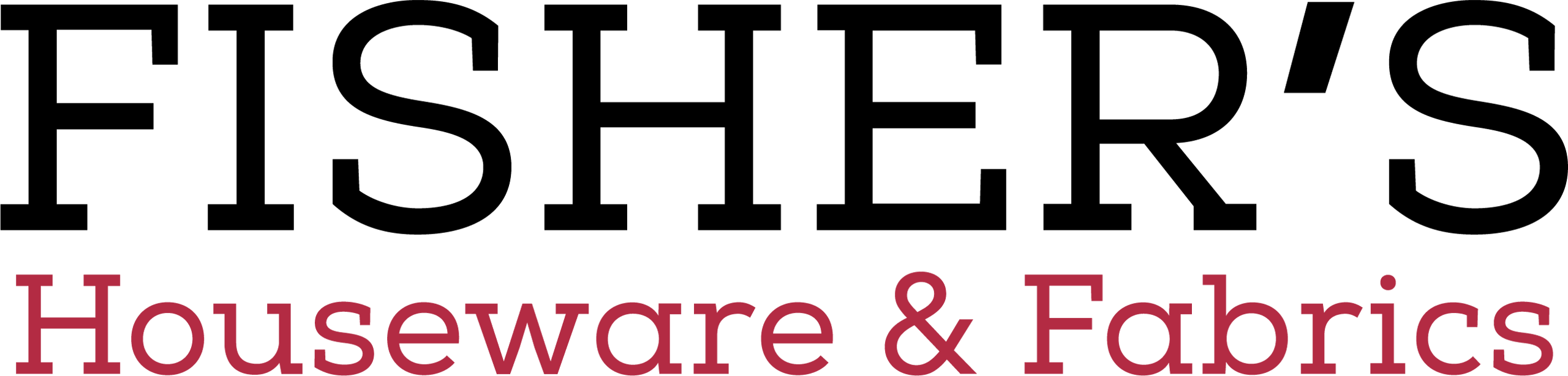 Logo for Fisher’s Houseware & Fabrics, with "FISHER'S" in large black letters and "Houseware & Fabrics" in smaller red letters underneath.