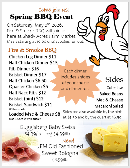 Spring BBQ event flyer showing Fire & Smoke BBQ meal options with prices, side dishes available, and details about the event date, time, and location. Illustration of a chicken included.