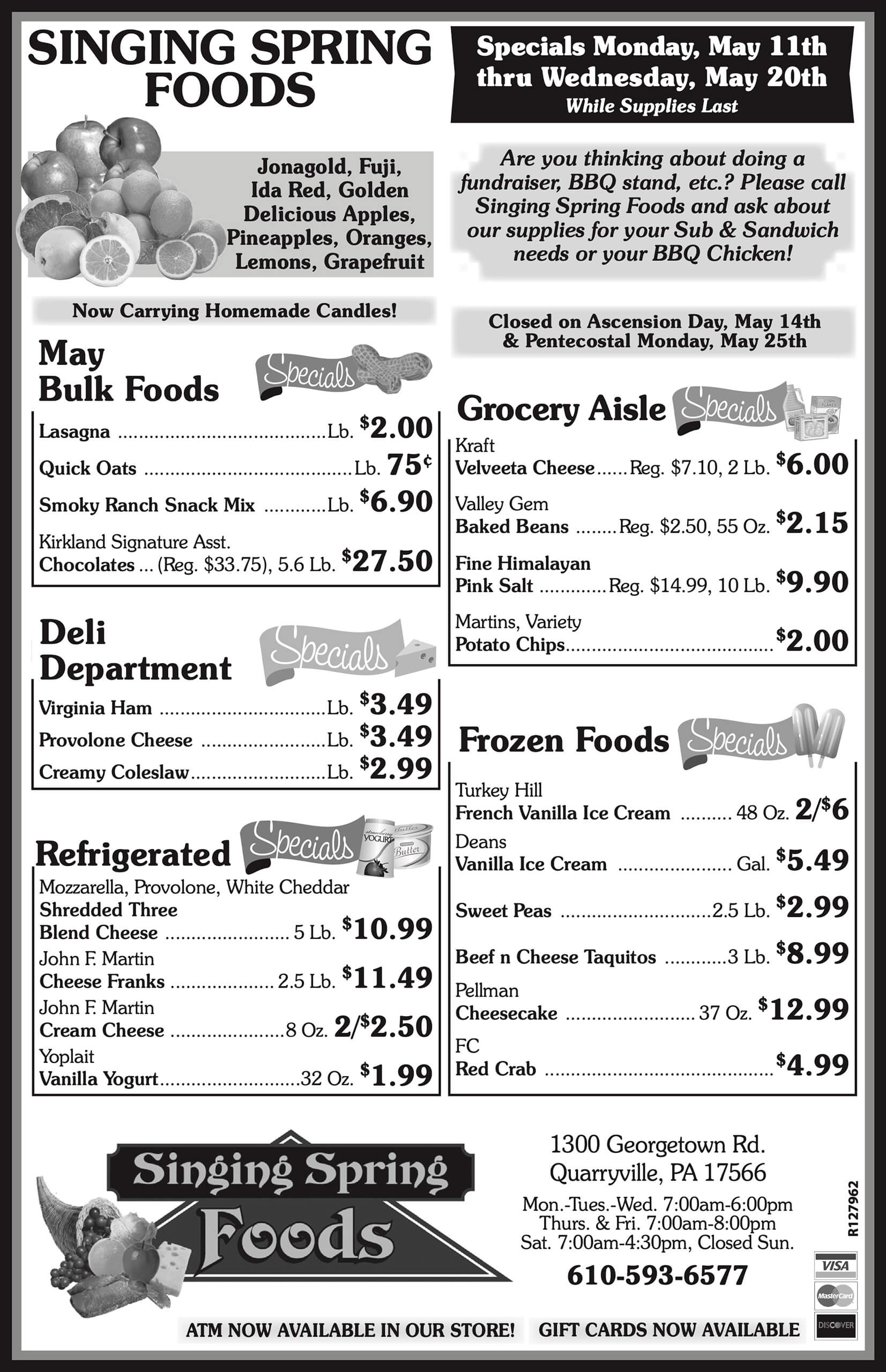 Black-and-white grocery store flyer listing prices for bulk foods, deli, dairy, frozen foods, and grocery items, with store location and specials for May.