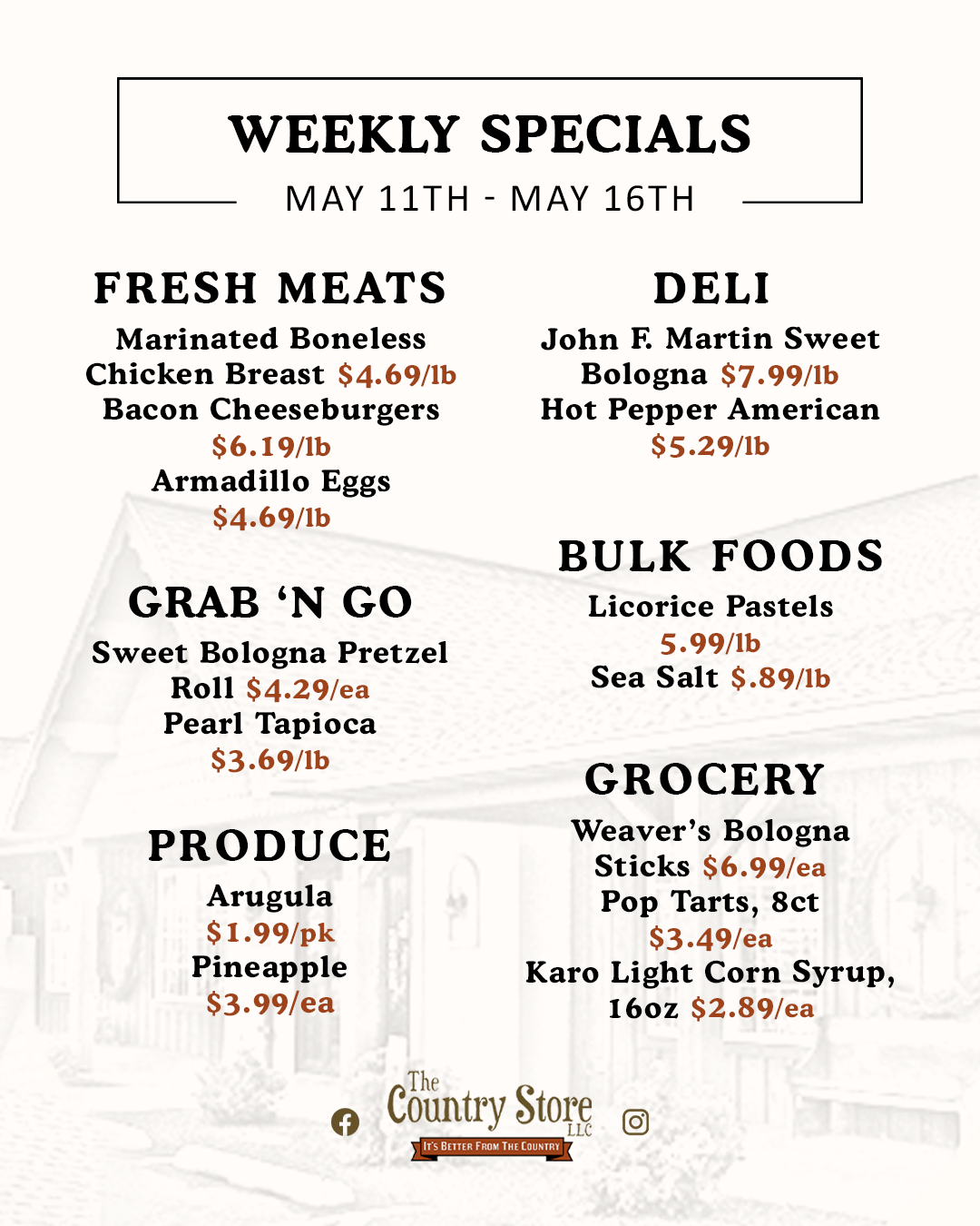 Weekly specials menu listing fresh meats, deli, grab 'n go, bulk foods, produce, and grocery items with prices, available May 11th to May 16th at The Country Store.