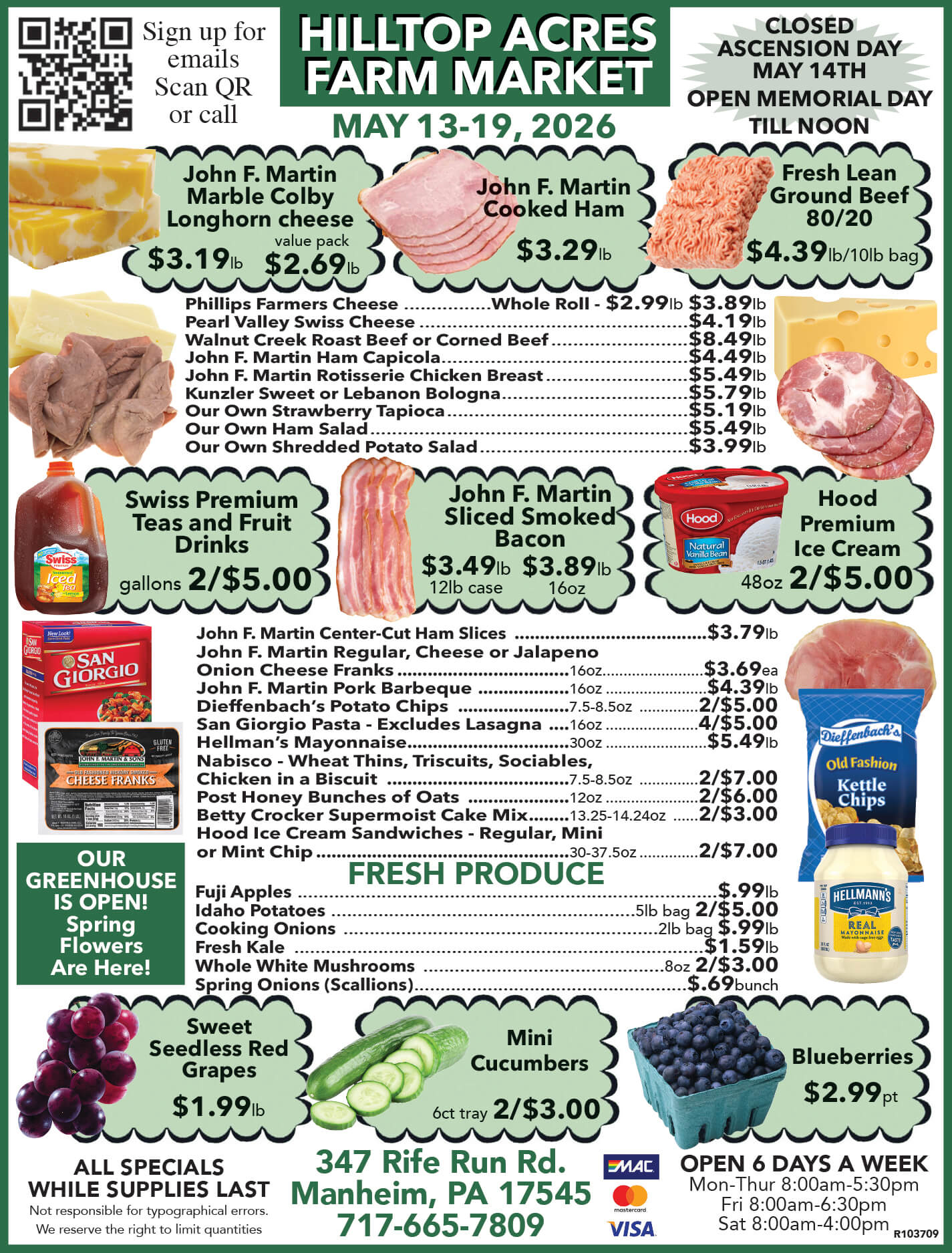 Flyer for Hilltop Acres Farm Market listing weekly specials on meats, cheeses, produce, and flowers, with store hours and contact information at the bottom.