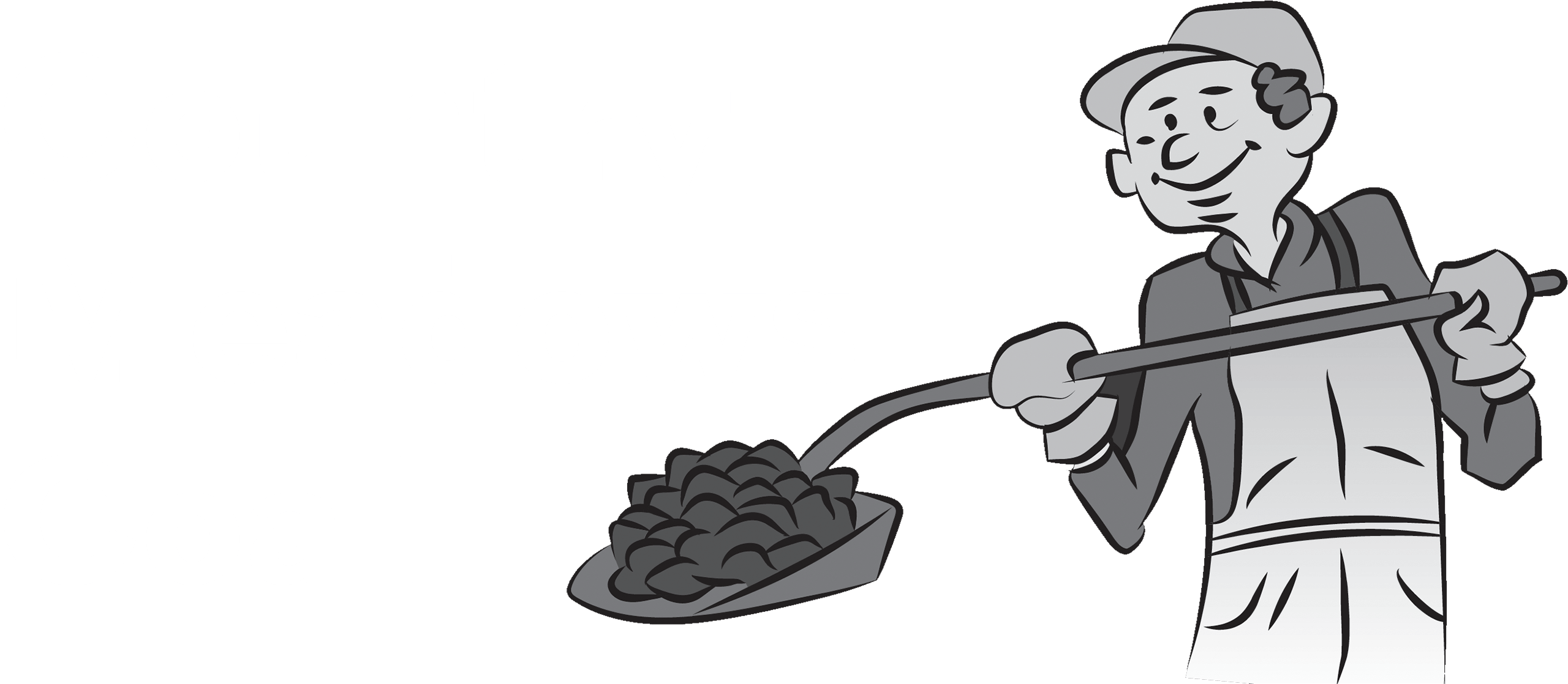 Cartoon worker holding a shovel of coal, with large text reading "Country Meadows Coal" in the background.