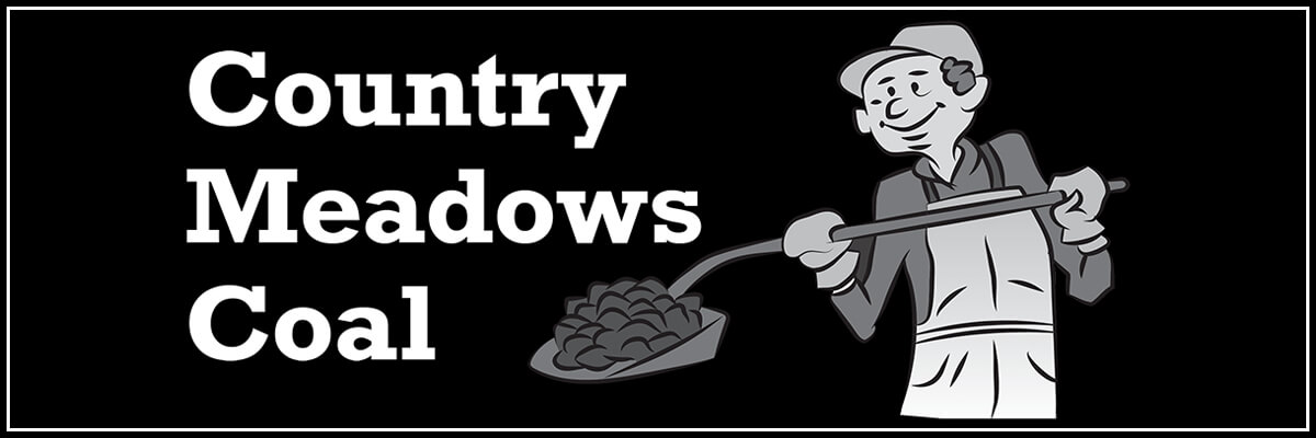 Illustration of a smiling worker in a cap and apron holding a shovel of coal, next to the text “Country Meadows Coal” on a black background.