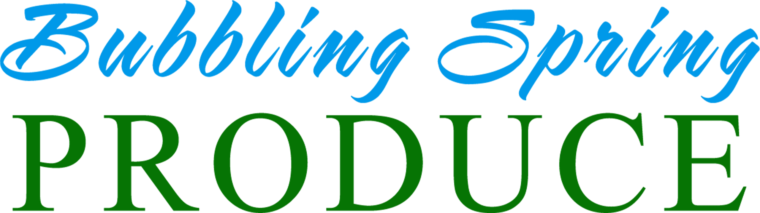 The image displays the text "Bubbling Spring PRODUCE" with "Bubbling Spring" in blue script and "PRODUCE" in bold green uppercase letters.