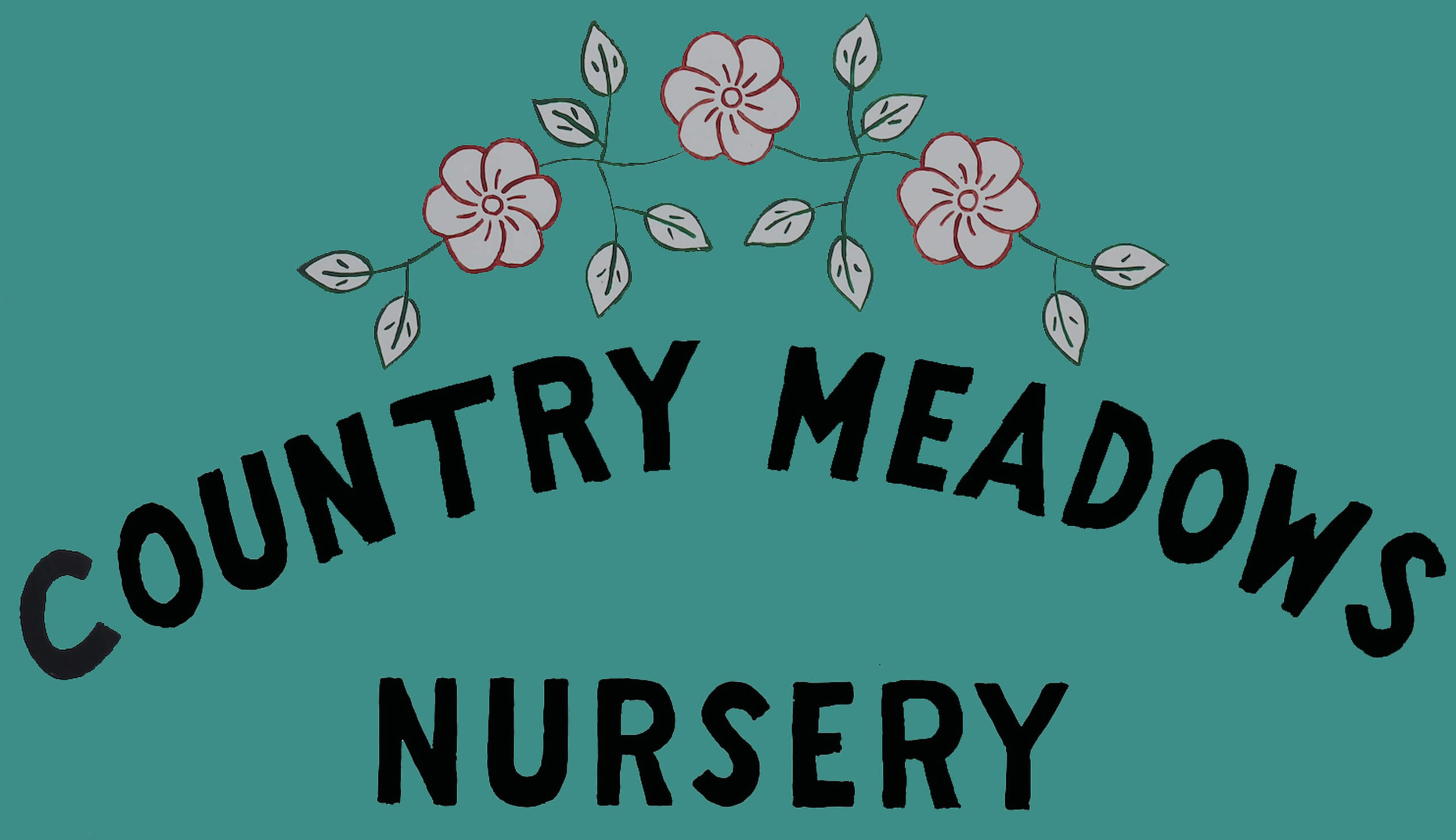 A sign reads "Country Meadows Nursery" in black letters, with three pink flowers and leaves above the text on a teal background.