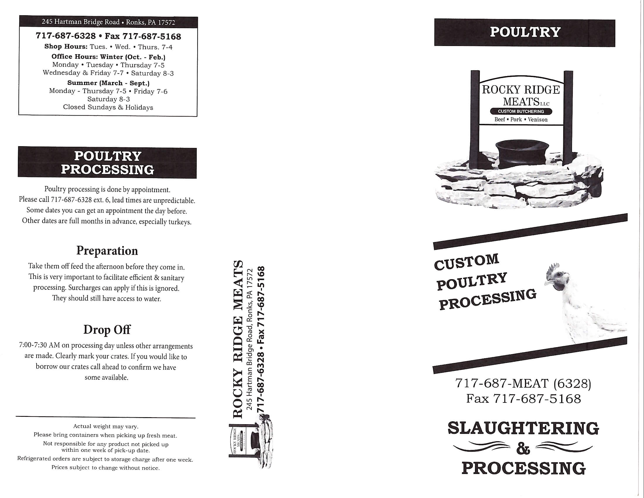 Brochure for Rocky Ridge Meats, LLC offering poultry processing, slaughtering, and custom butchering services. Includes address, phone, fax, and hours.