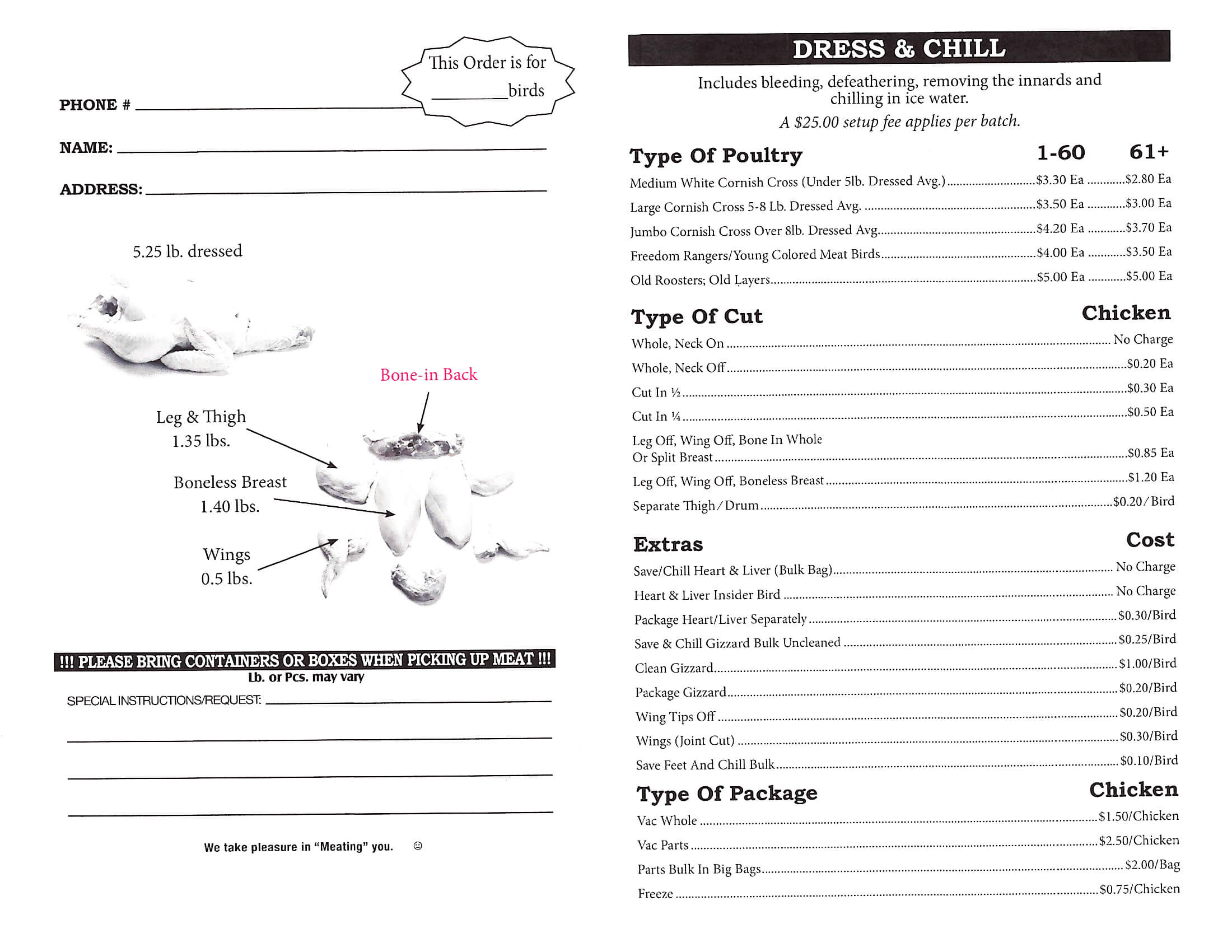 A poultry order form with pricing for different types of poultry, cuts, extras, and packaging options.