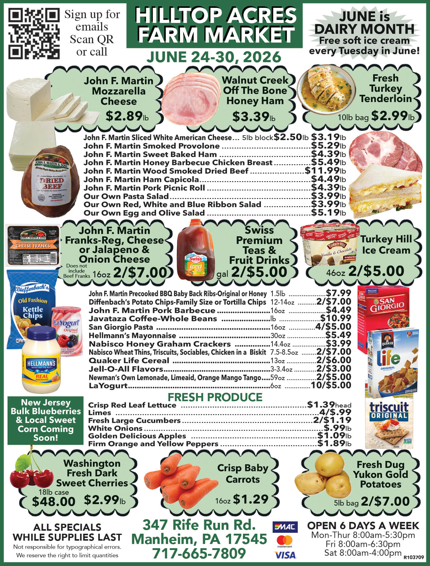 Flyer for Hilltop Acres Farm Market listing weekly specials on cheese, meats, sauces, snacks, fruit, and drinks, valid June 24-30, 2024, with store hours and contact information.