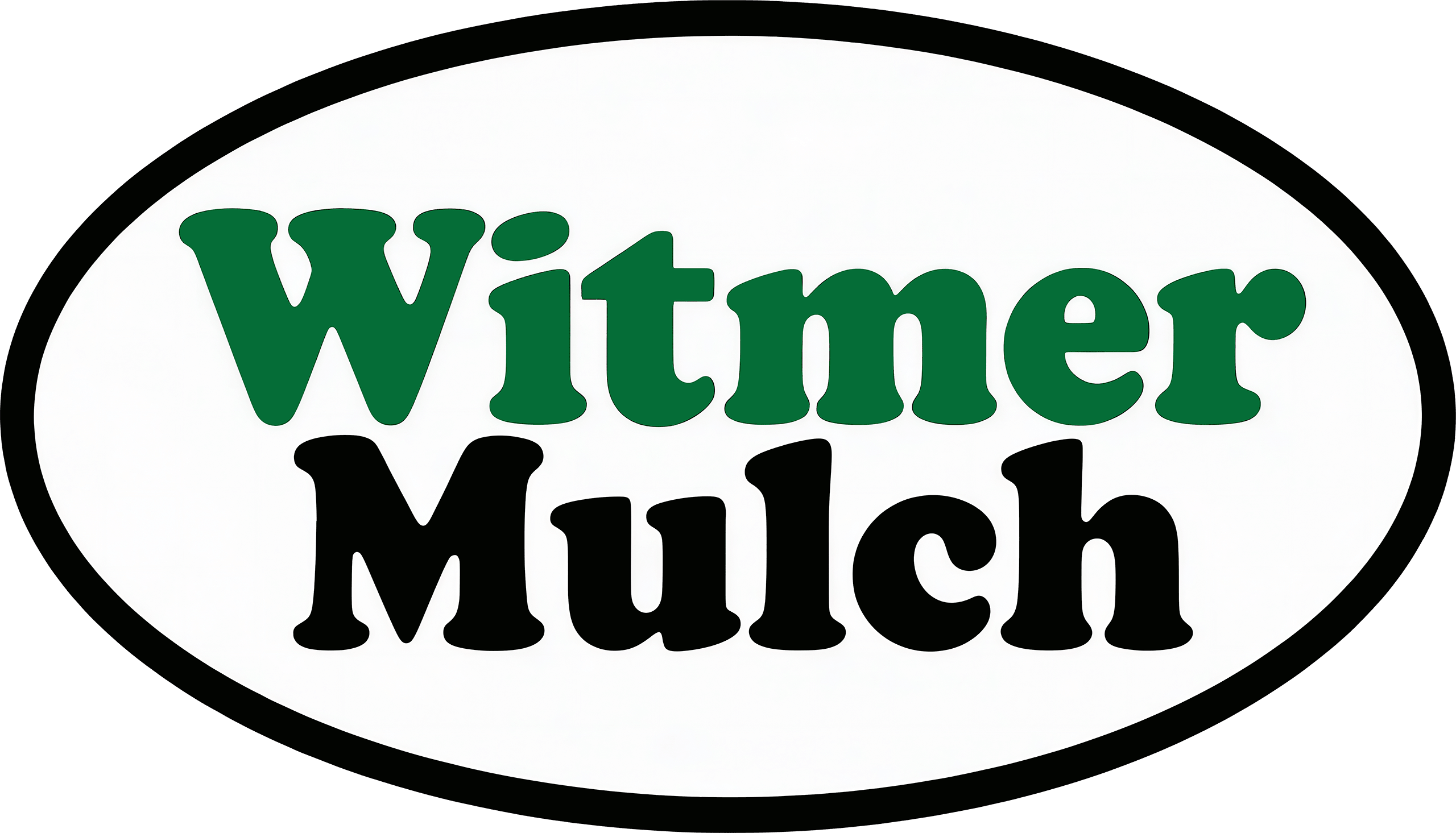 An oval logo with the words "Witmer Mulch"; "Witmer" is in green text and "Mulch" is in black text, both centered on a white background with a black border.