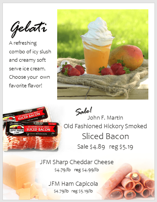 A cup of orange gelati with whipped cream and strawberries beside it; packages of sliced bacon, blocks of cheddar cheese, and slices of ham capicola are shown below.