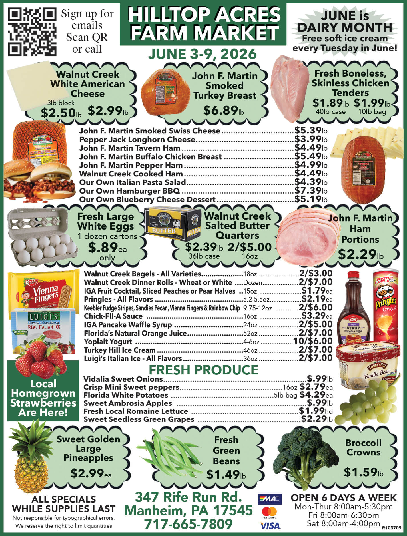 Hilltop Acres Farm Market flyer listing weekly specials on meats, cheeses, produce, and grocery items from June 3-9, 2026, with store hours and contact information at the bottom.