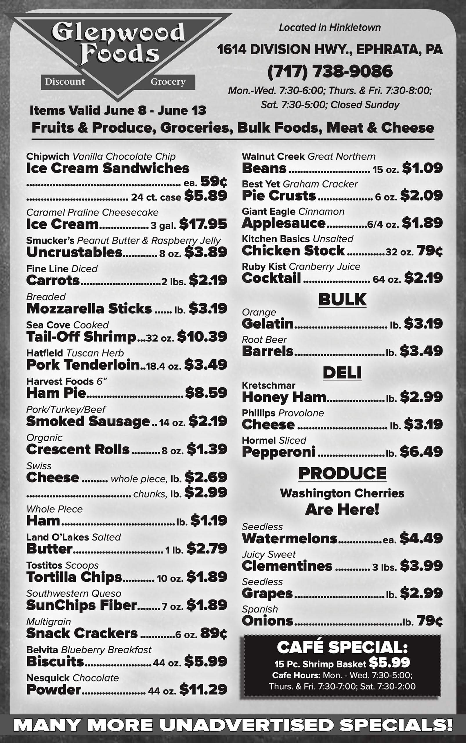 Glenwood Foods grocery ad listing sale prices for various grocery, deli, bakery, and bulk items, plus café specials, effective June 8–13, with store contact info and hours.