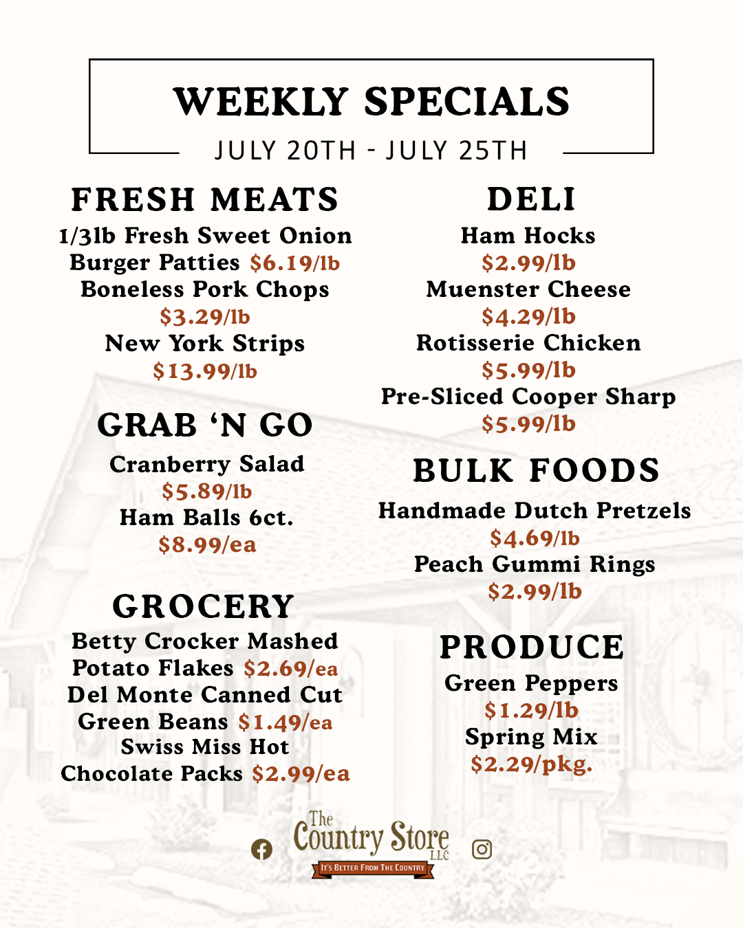 Country Store weekly specials list featuring fresh meats, deli, grab 'n go, bulk foods, grocery, and produce items with prices for July 20th to 25th.