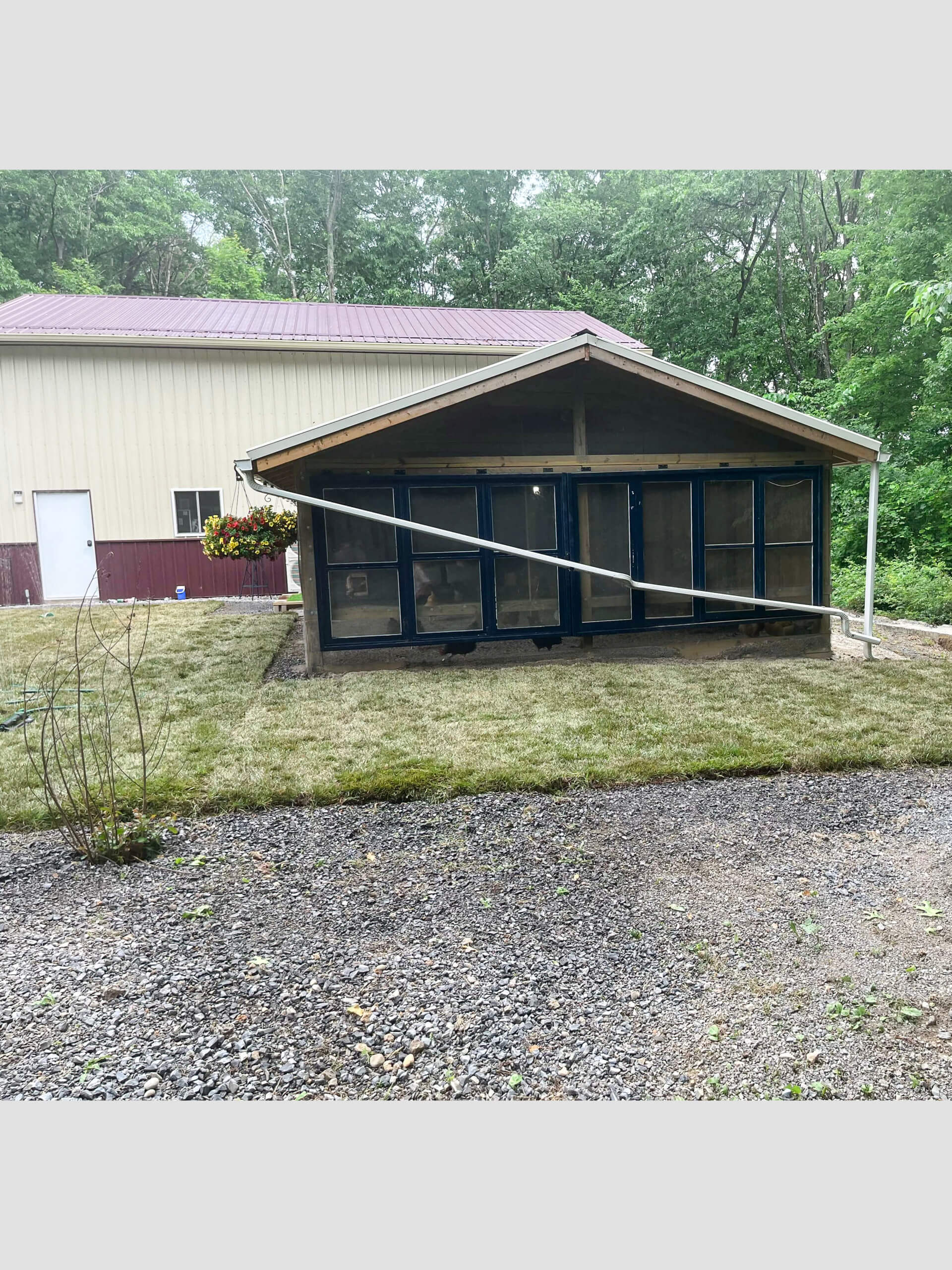 Town's Edge Garden Center New Holland, PA A shed with a covered porch and glass doors stands on a grassy yard, with a gravel path and trees in the background.