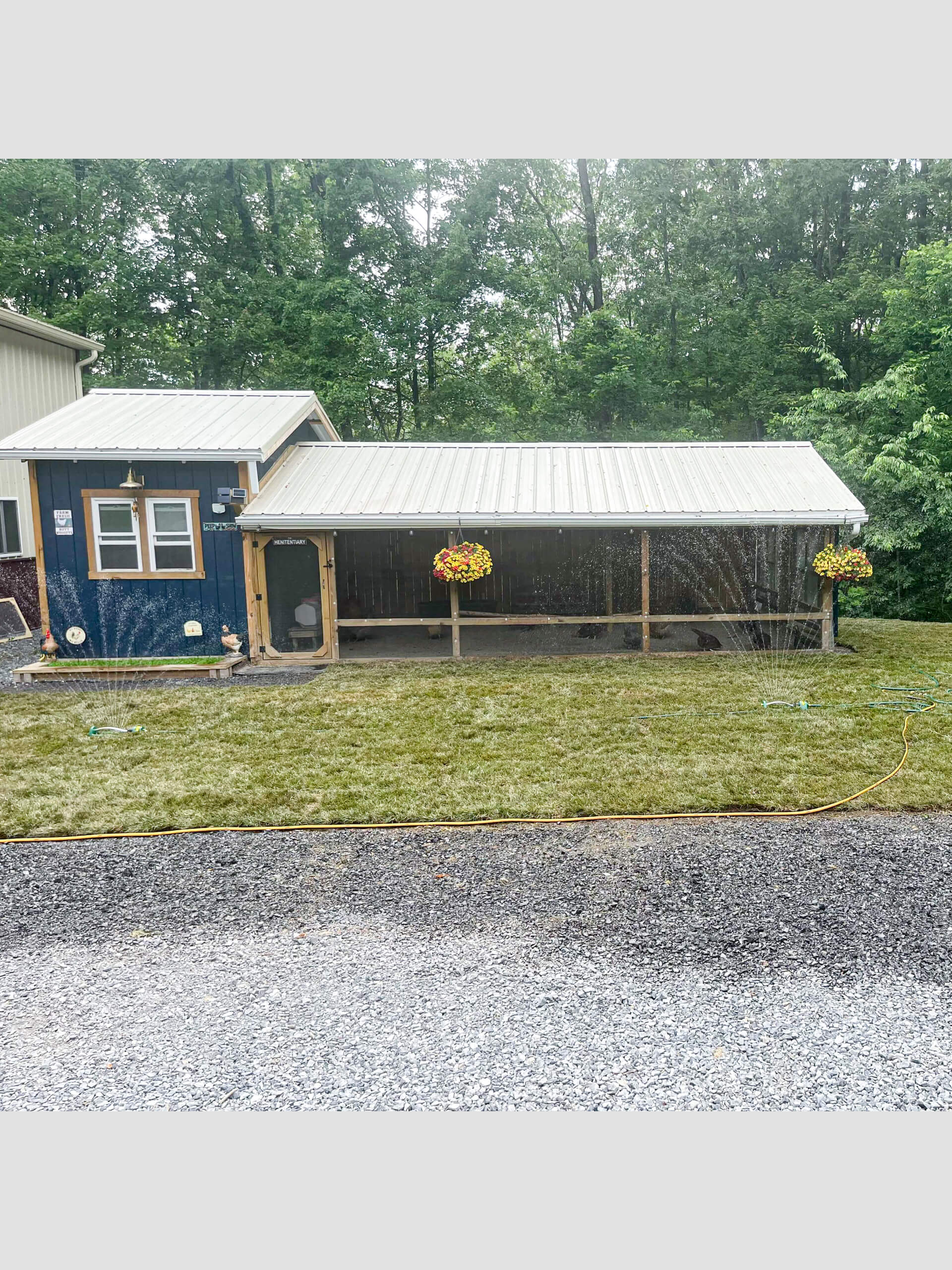 Town's Edge Garden Center New Holland, PA A blue building with an attached carport sits behind a grassy yard with sprinklers running; hanging flower baskets decorate the carport posts.