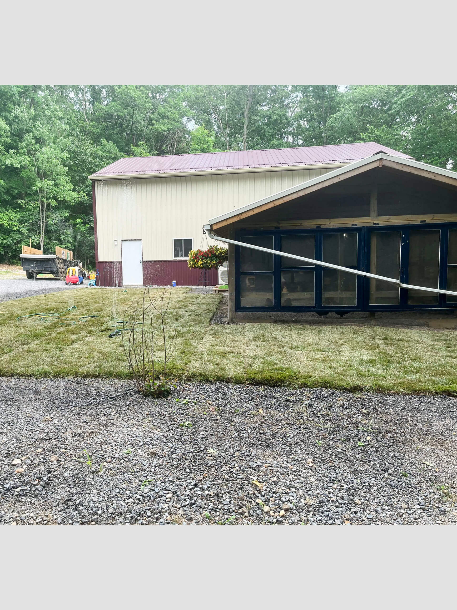 Town's Edge Garden Center New Holland, PA A building with a maroon roof stands behind a grassy yard, gravel path, and outdoor kennel with multiple enclosures; trees are visible in the background.