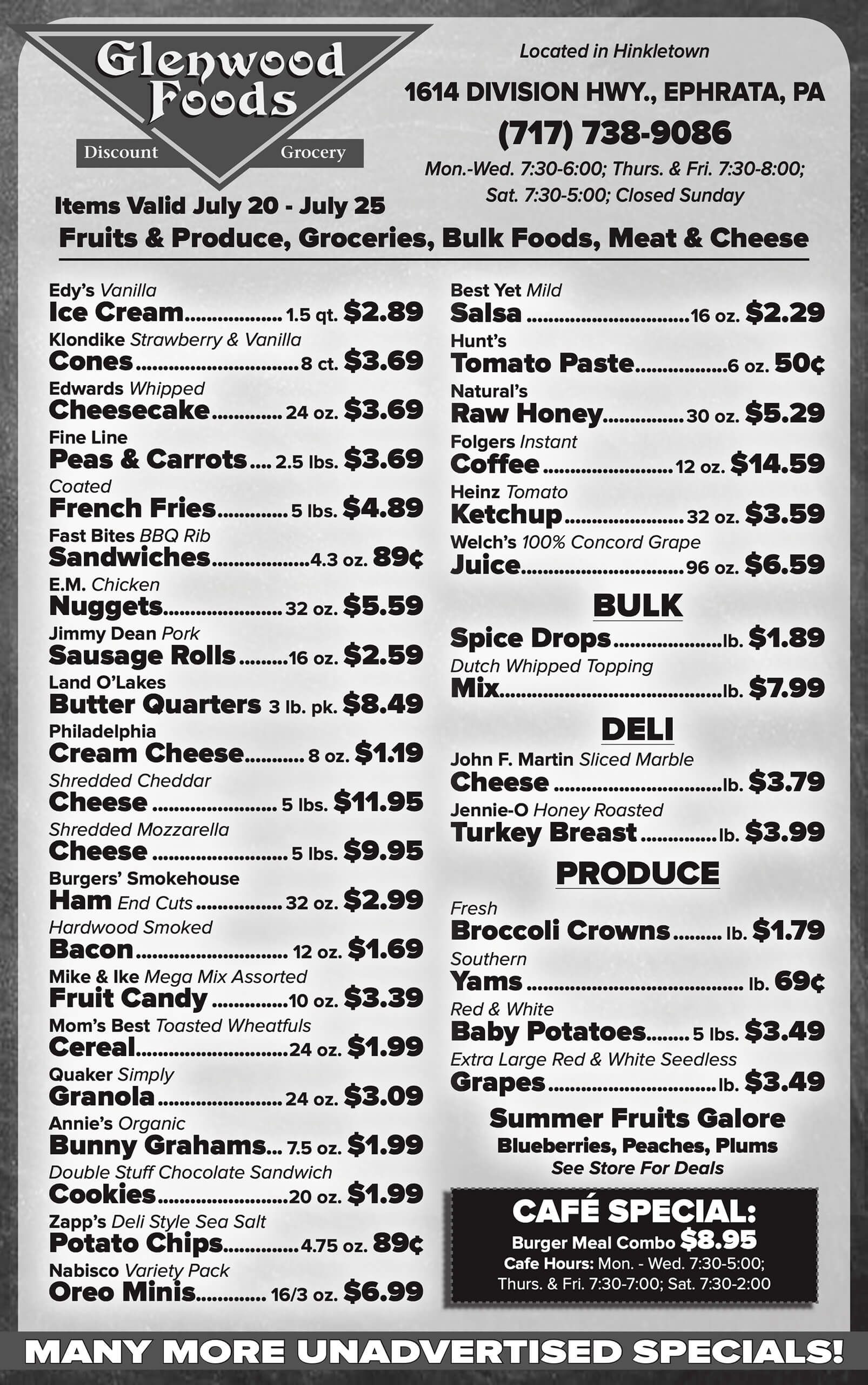 Black and white supermarket flyer listing food items, prices, and categories such as ice cream, canned goods, meat, and produce, with store details and sale dates at the top.