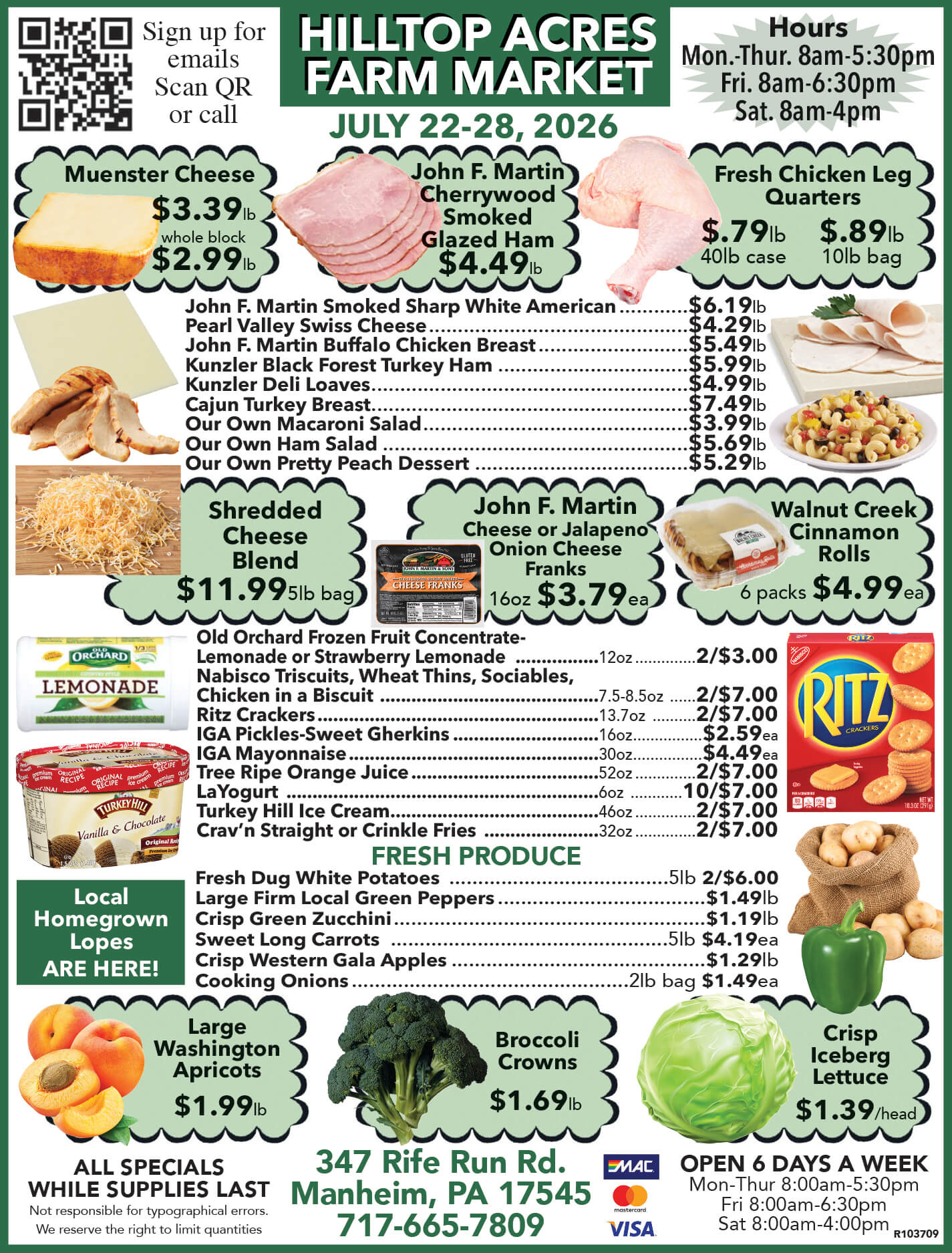 Farm market flyer listing weekly specials on meats, cheeses, produce, and bakery items with prices, business hours, contact info, and payment methods. Colorful product images are included.