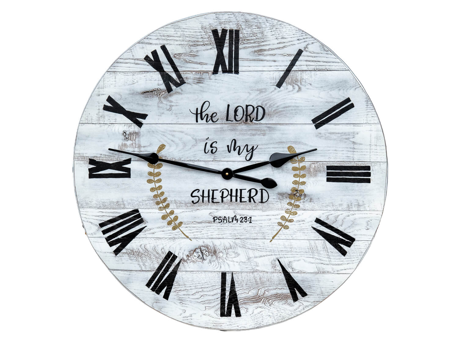 7.8.26 Spring Valley Woodworking Accessories Gallery 1 Round wall clock with Roman numerals, black hands pointing to 10:09, and the text "The Lord is my Shepherd Psalm 23:1" on a white, wood-textured background.