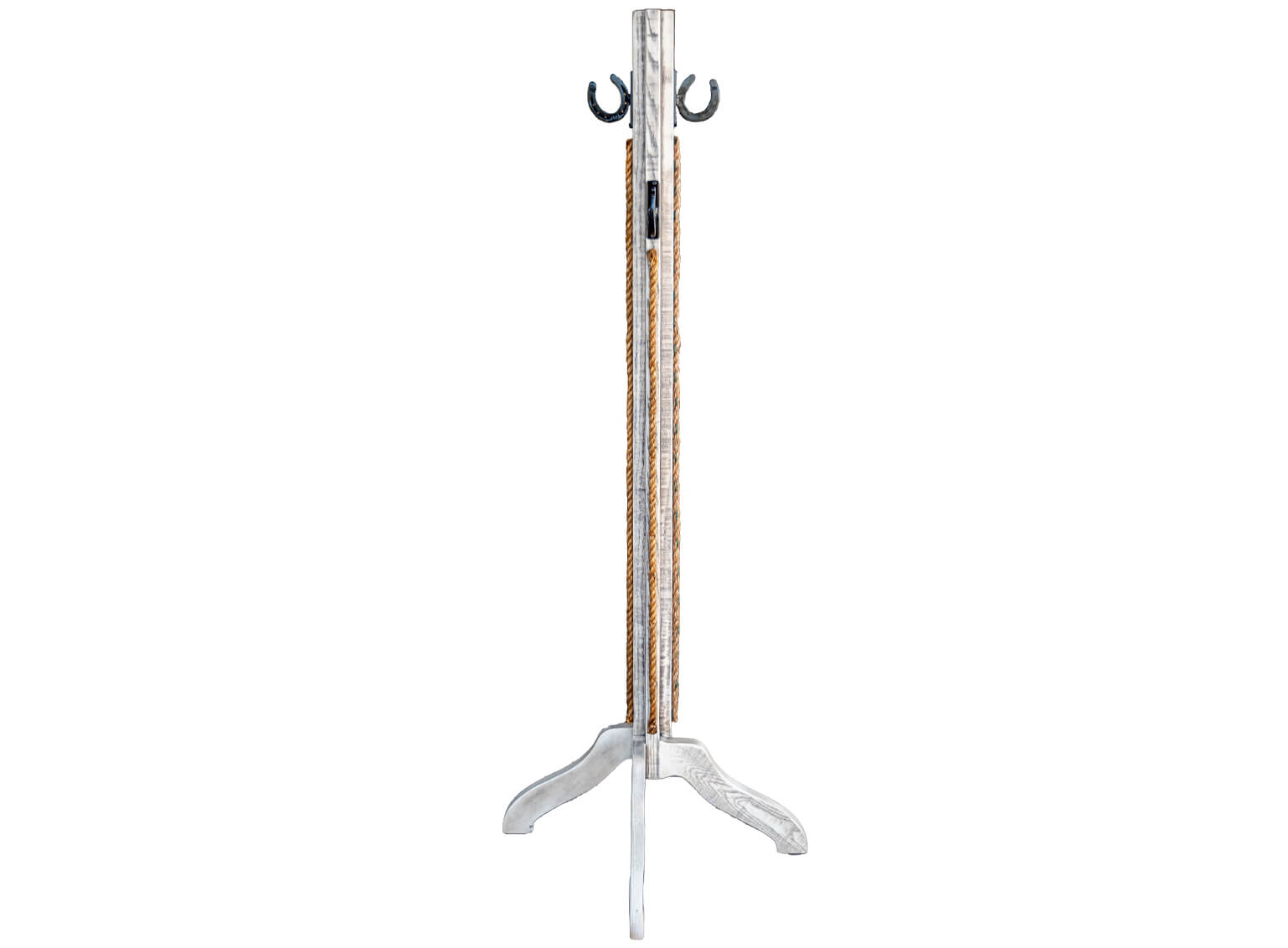 7.8.26 Spring Valley Woodworking Accessories Gallery 2 A wooden coat rack with three legs and two metal hooks at the top, shown from the side against a white background.