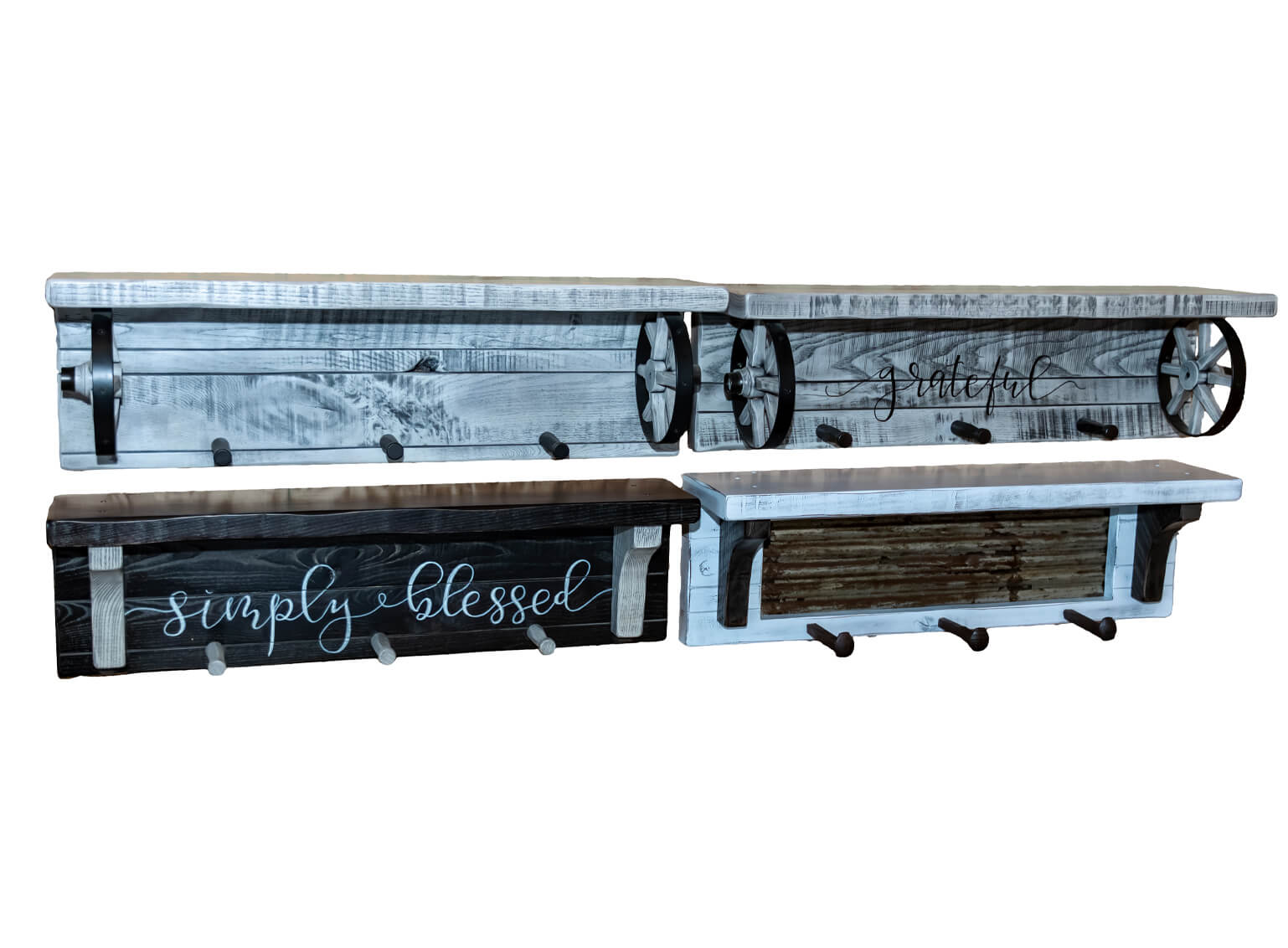7.8.26 Spring Valley Woodworking Accessories Gallery 3 Four rustic wooden wall shelves with hooks and decorative text, including "simply blessed" and "grateful," featuring distressed finishes and metal accents.
