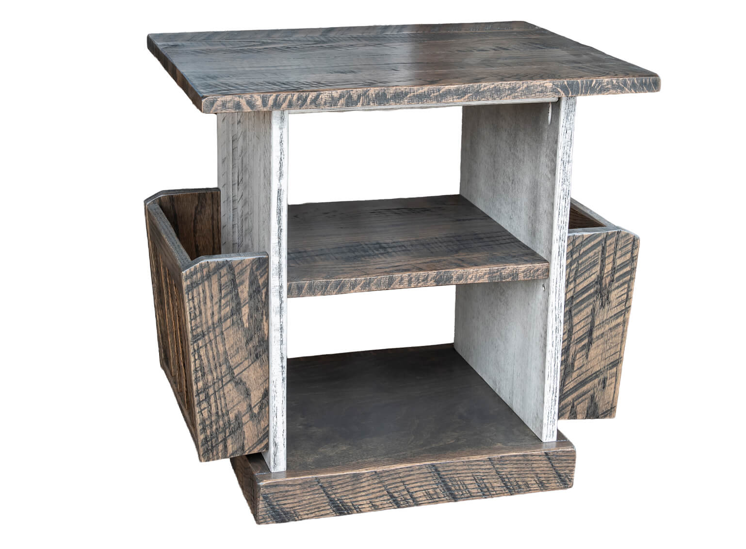 7.8.26 Spring Valley Woodworking Accessories Gallery 4 Rustic wooden side table with two shelves and two side storage compartments, featuring a distressed finish and visible wood grain.