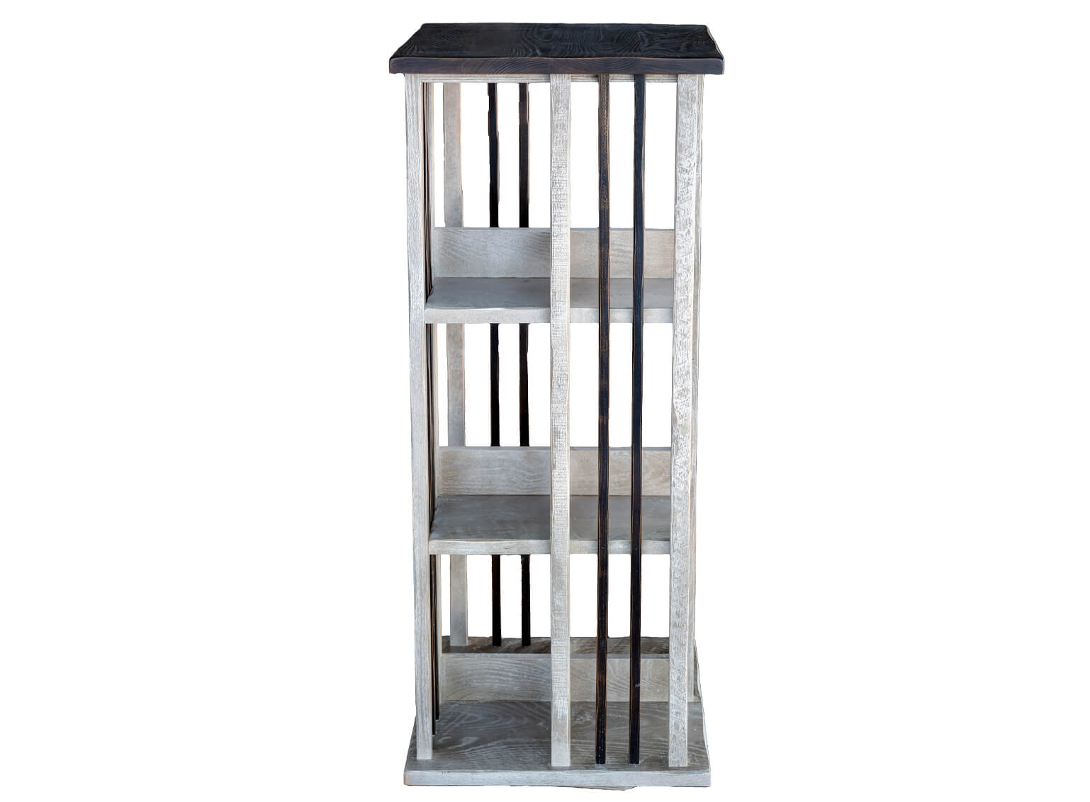 7.8.26 Spring Valley Woodworking Accessories Gallery 6 A tall, rectangular wooden shelf unit with four shelves and vertical black metal rods on one side, set against a white background.