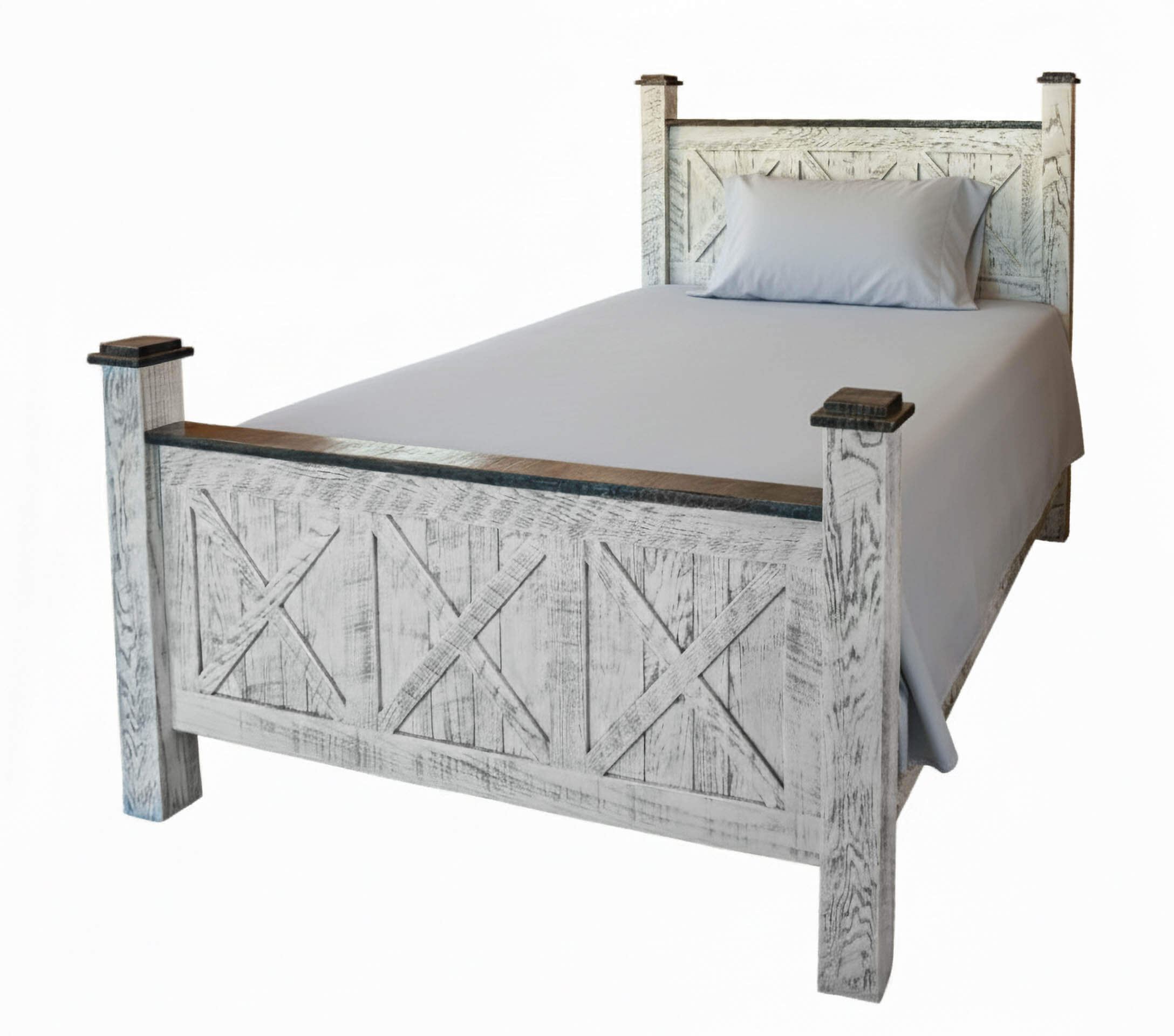 7.8.26 Spring Valley Woodworking Bedroom Gallery 1 A white wooden bed with a high headboard and footboard, both featuring an X-pattern design. The bed is made with a white pillow and sheet, and is photographed against a white background.