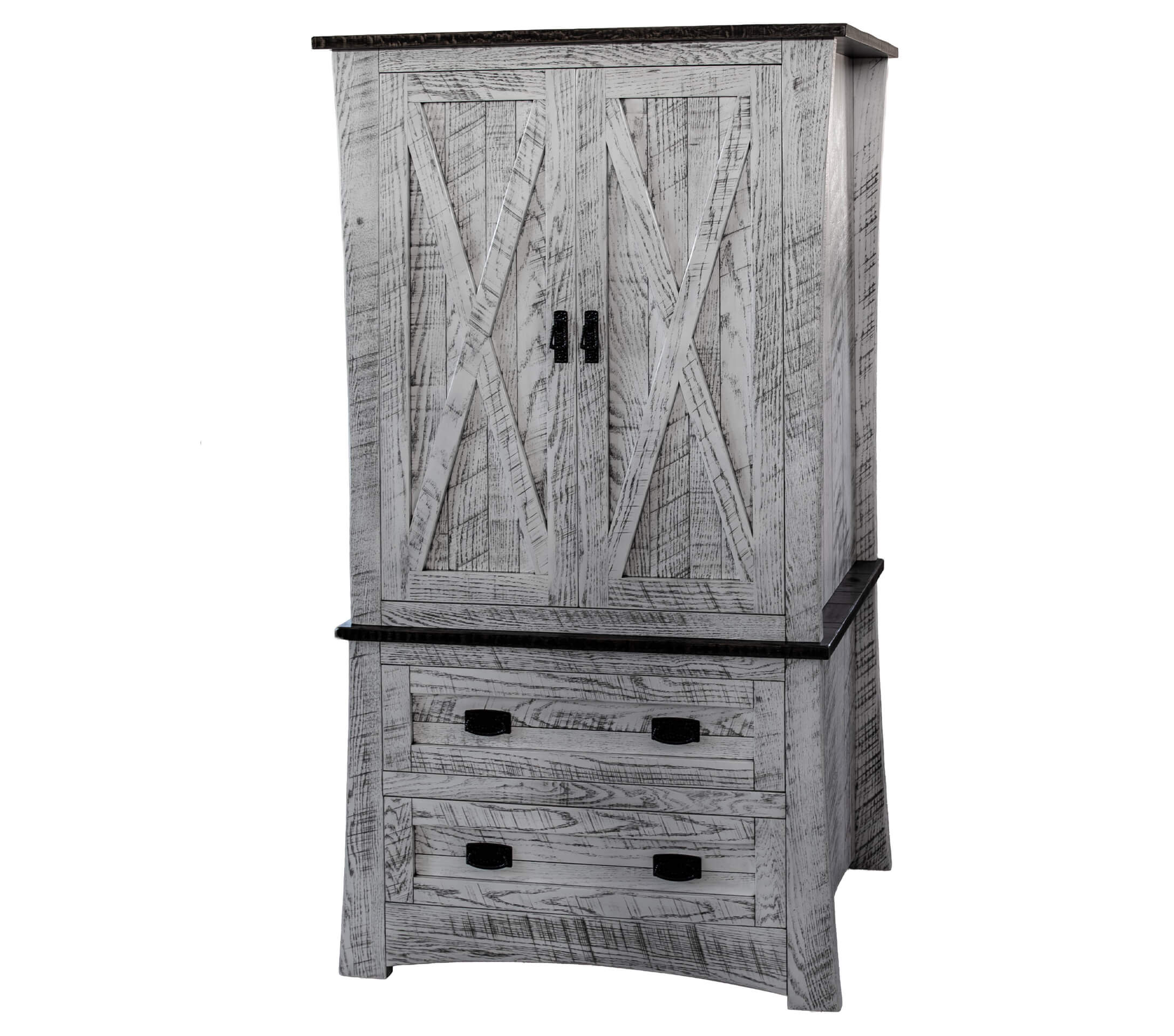 7.8.26 Spring Valley Woodworking Bedroom Gallery 2 A tall wooden cabinet with double doors on top, two drawers on the bottom, and a whitewashed finish with visible wood grain and dark handles.