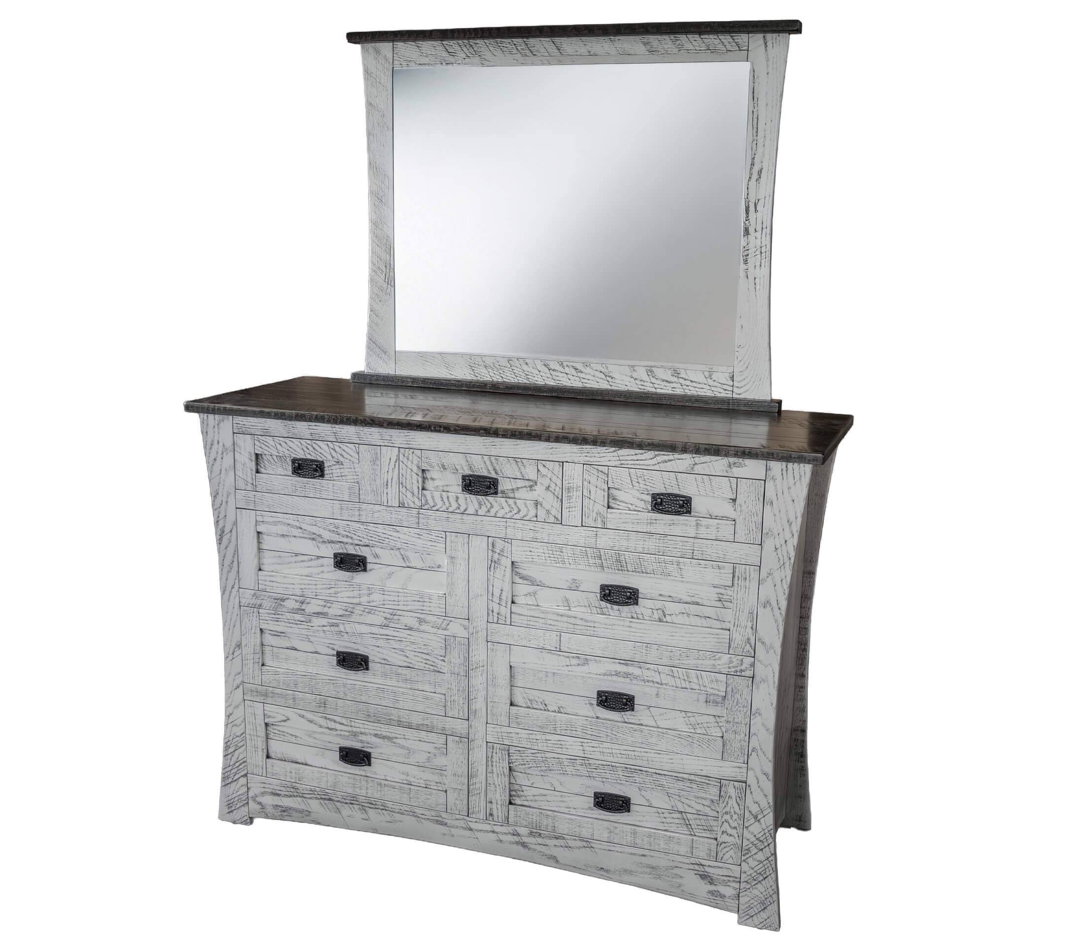 7.8.26 Spring Valley Woodworking Bedroom Gallery 3 A white wood dresser with nine drawers and black handles, topped with a large rectangular mirror in a matching frame.