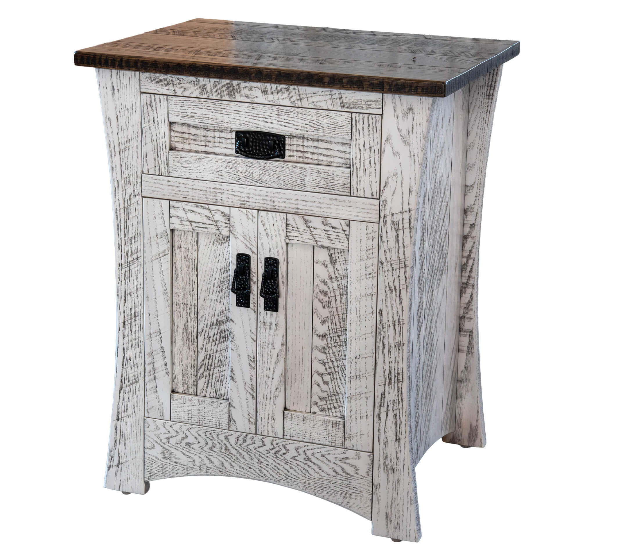 7.8.26 Spring Valley Woodworking Bedroom Gallery 4 A small wooden nightstand with a dark top, single drawer, and cabinet below, featuring black metal handles and a distressed white finish.