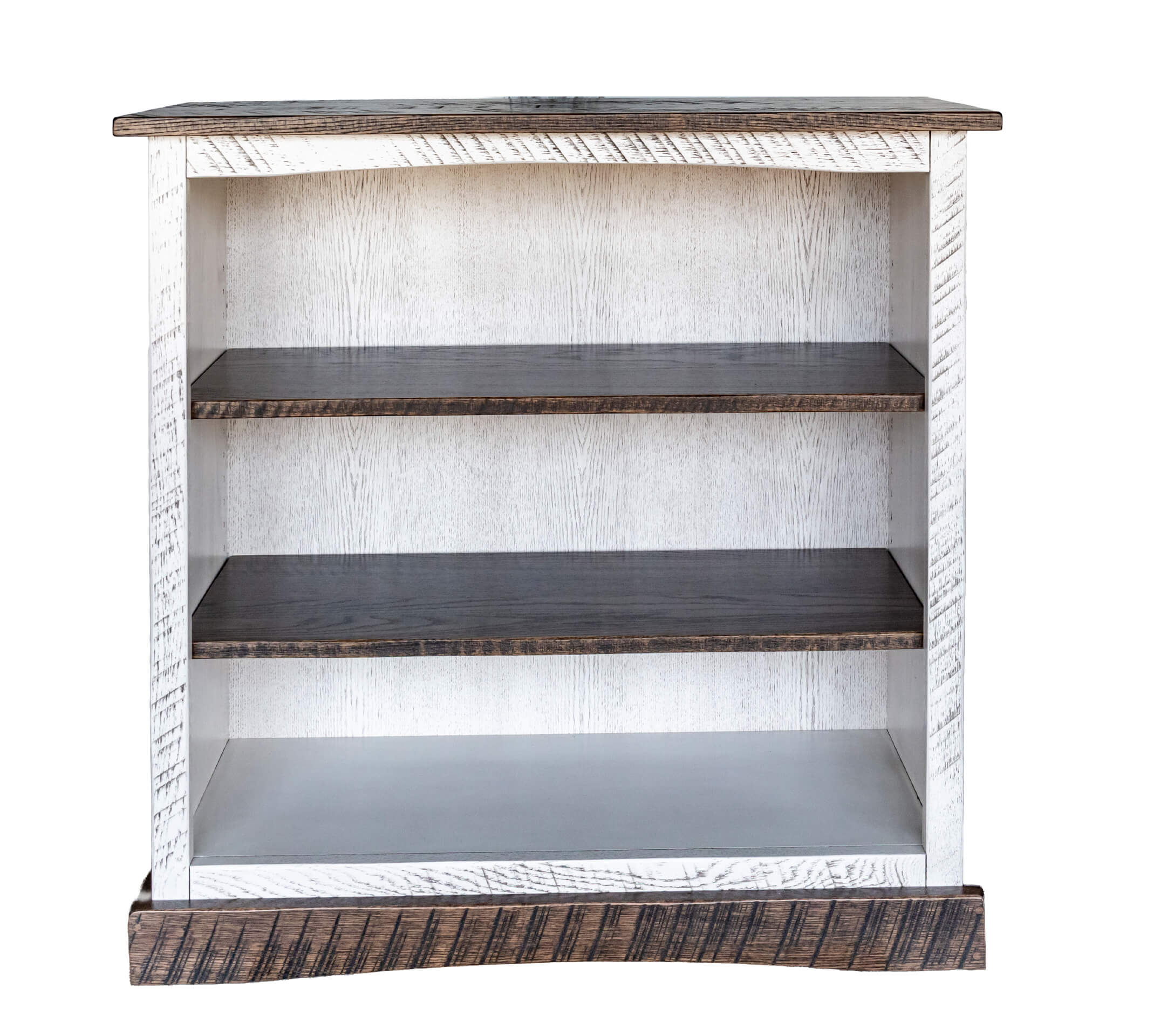 7.8.26 Spring Valley Woodworking Bedroom Gallery 5 A wooden bookshelf with two shelves and a slightly distressed white and brown finish, viewed from the front against a plain background.